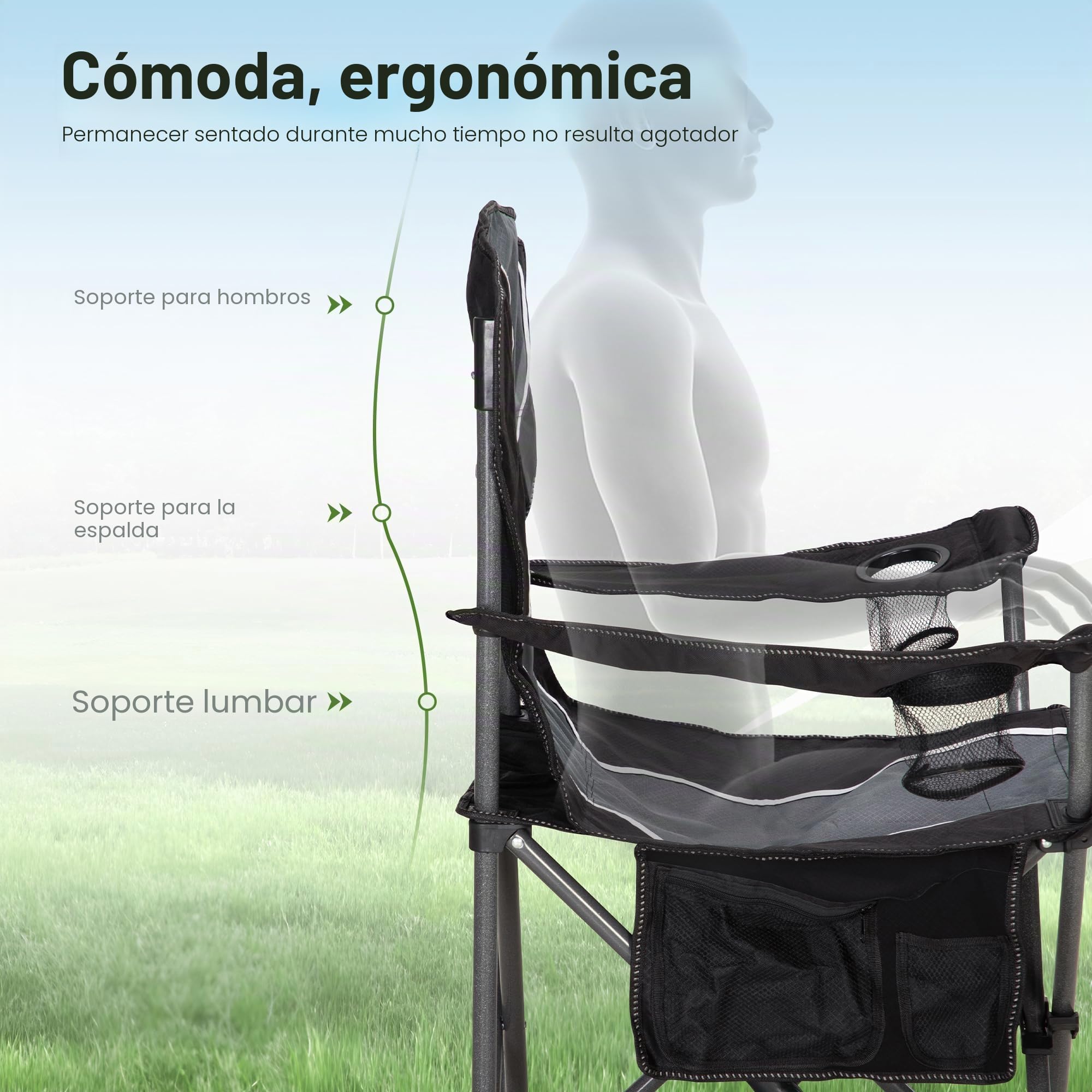 HIGH POINT SPORTS Silla de Camping Negro, Silla Camping Plegable Silla Plegable Portátil de Gran Tamaño, Silla Plegable Azul-Gris Resistente al Aire Libre 160KG Silla de Pesca (Negro 2 Piezas)