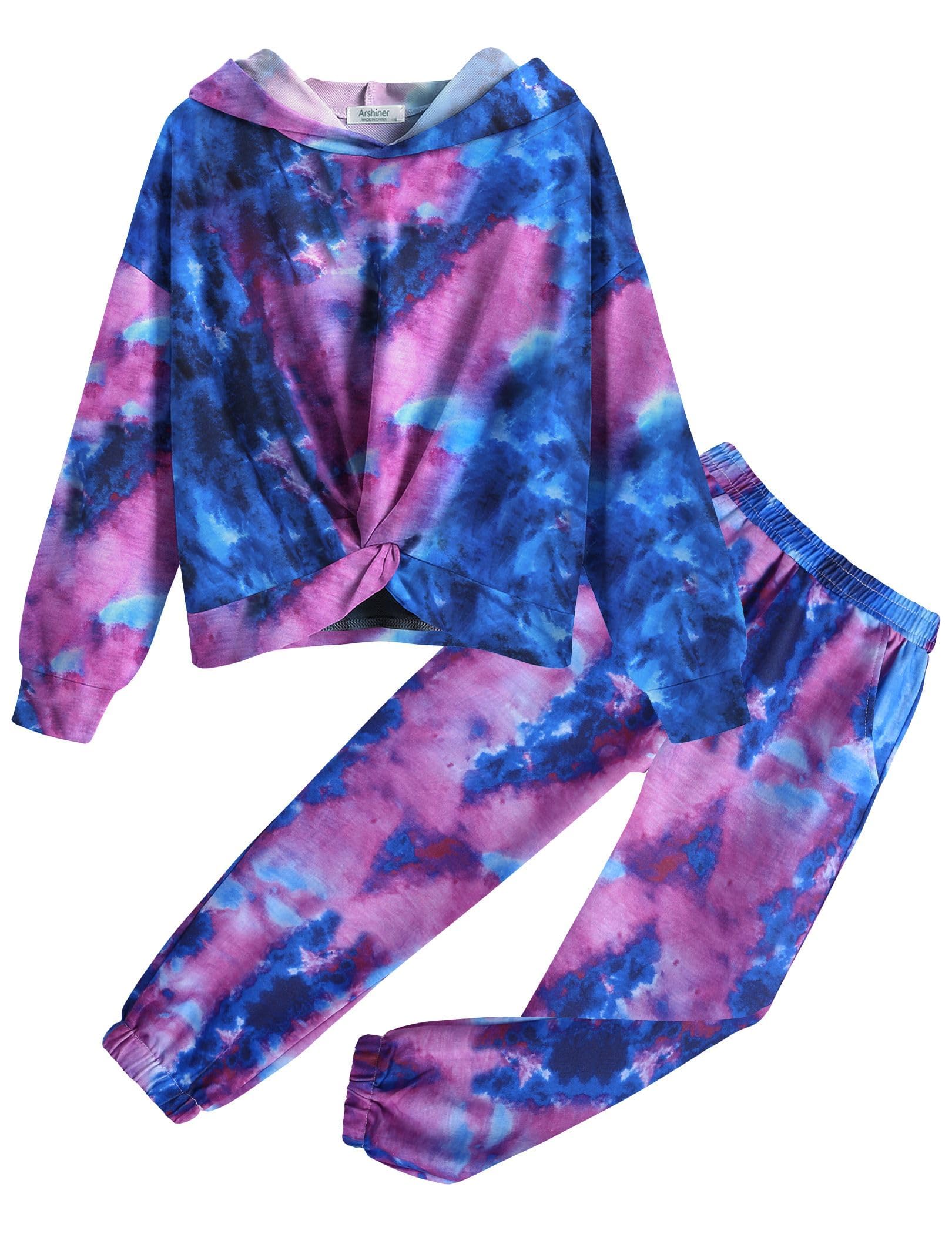 Arshiner Girl's 2 Piece Outfits Tie-dye Twist Front Pullover Hooded Sweatsuits Sweatshirt and Sweatpants Clothing Set