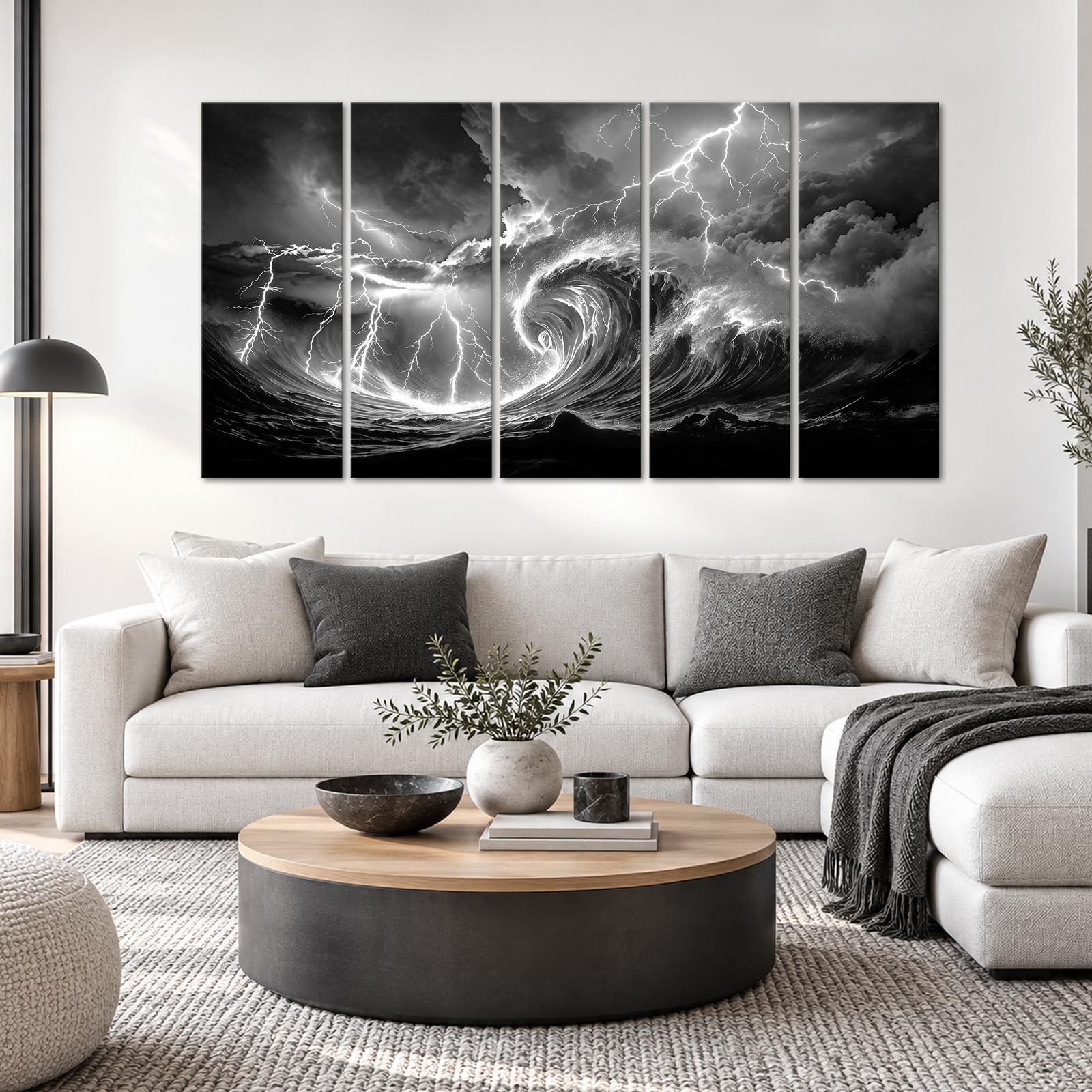 Biuteawal 5 piezas de arte de pared con diseño de olas del océano, relámpago, blanco y negro, imágenes enmarcadas de paisaje marino, decoración moderna para el hogar y