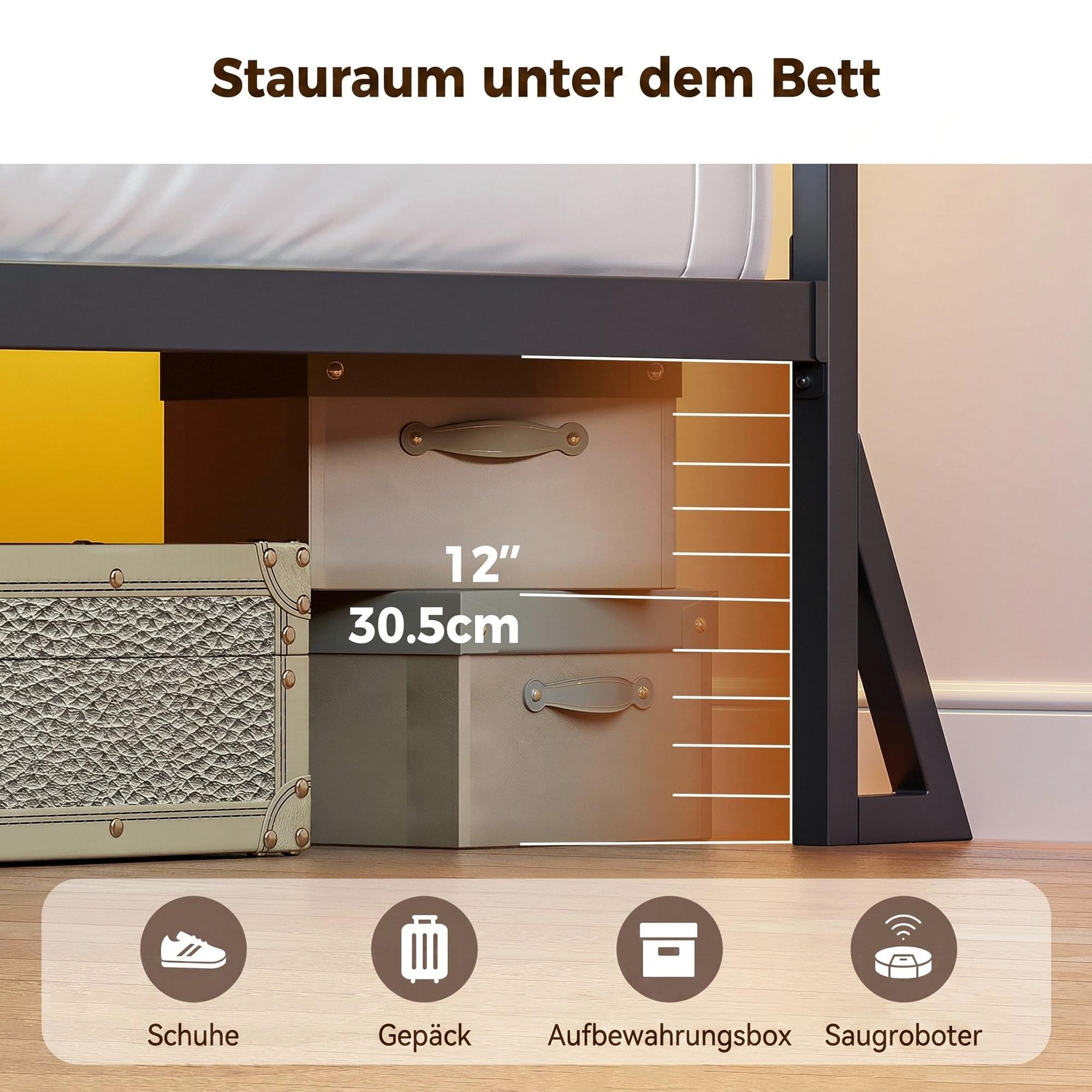 IRONCK Bett 90x200 mit LED Beleuchtung, Bettgestell 90x200 mit Steckdose, 1 USB, 1 USB-C-Anschlüsse, Metallbett mit Kopfteil und Stauraum, Jugendbett, Einzelbett mit Metal Lattenrost