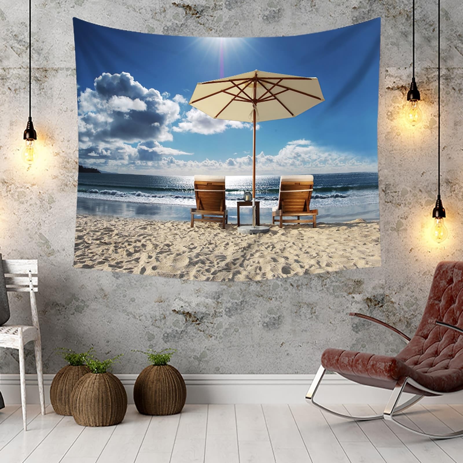 Lirzxin Telo Arazzo Parete, Arazzi da Parete Moderni Blu Beige Paesaggio di Sdraio da Spiaggia e Mare Tapestry Utilizzato in Camera da Letto, Soggiorno, Decorazione Murale, 260x240CM