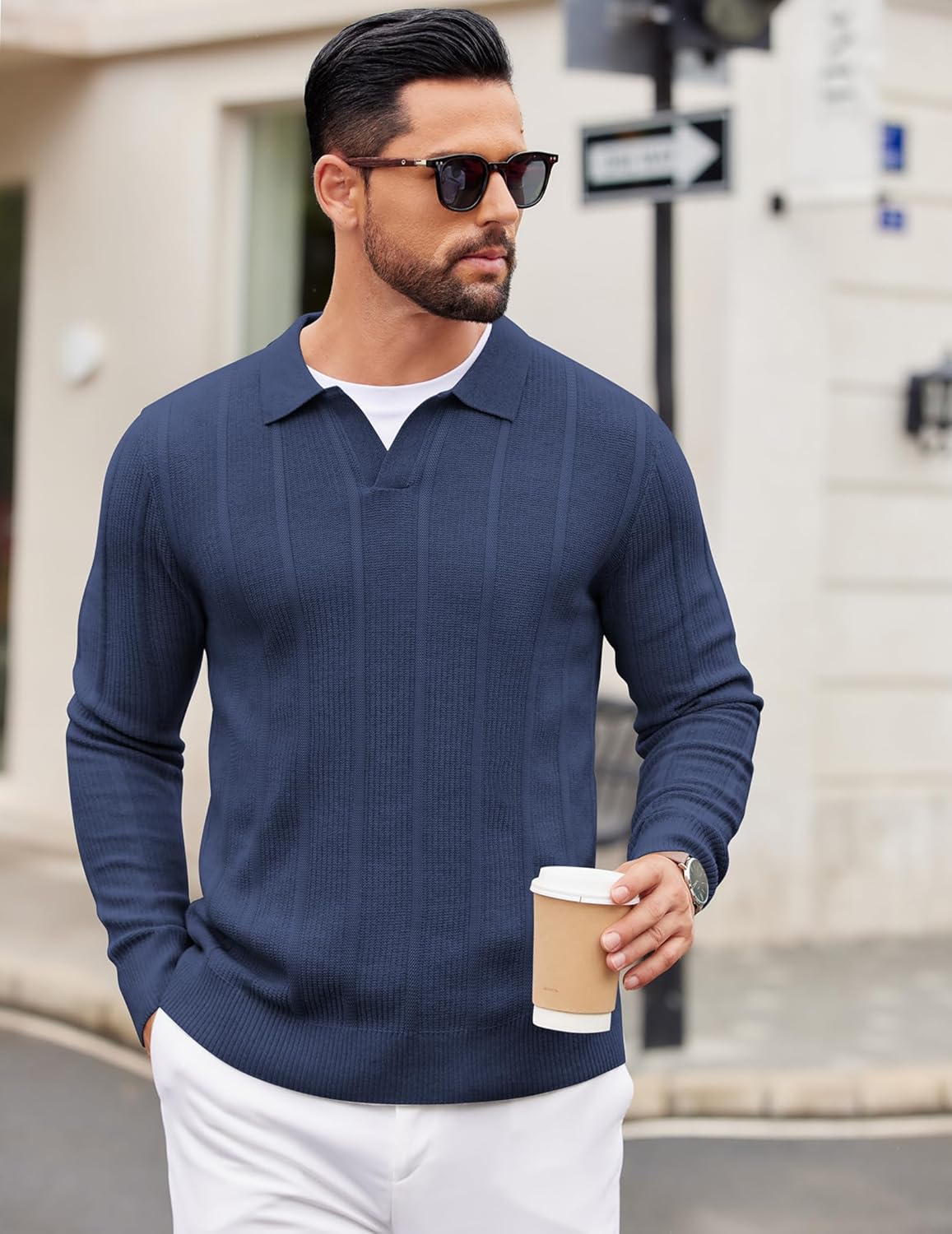 COOFANDY Mens Knit Long Sleeve Polo Shirt Casual Polo Collared Sweater V-Neck Textured Pullover - Image 5