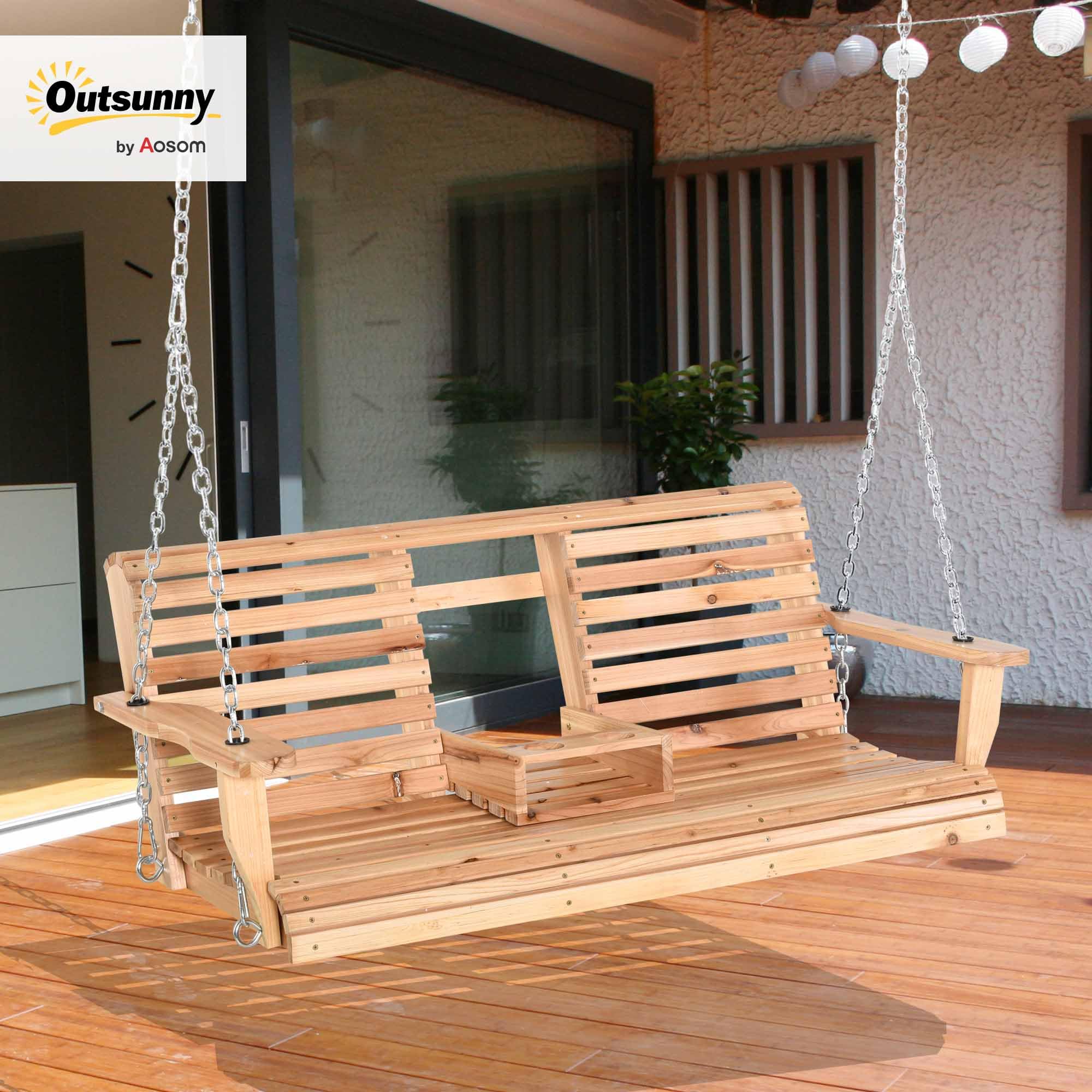 Outsunny Banco Columpio de 2-3 Plazas Banco Colgante de Madera con Mesa de Centro Plegable 2 Portavasos y Reposabrazos Carga 200 kg para Jardín Terraza Balcón 150x75x53 cm Natural