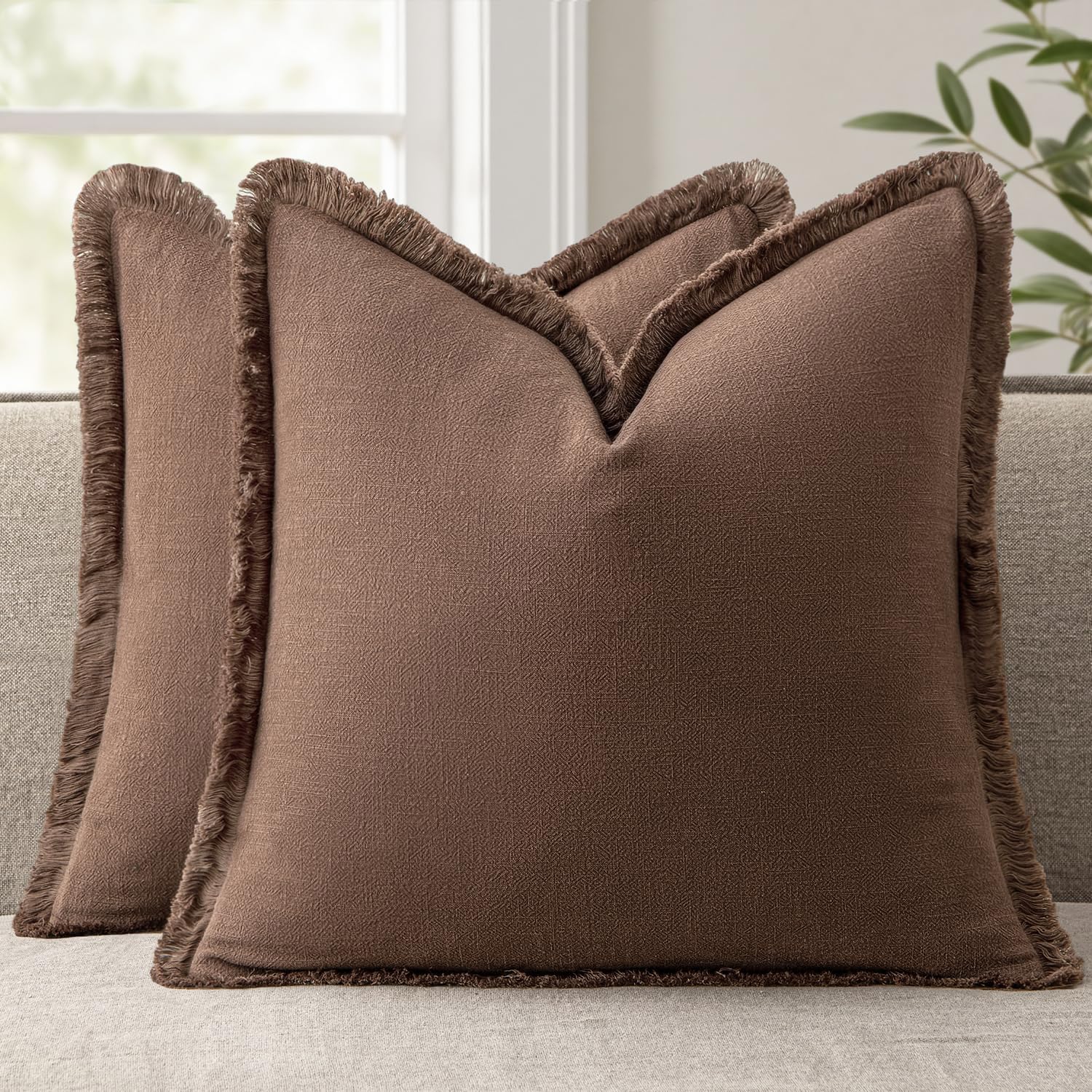 ANRODUO Set of 2 Decorative Throw Pillow Covers 18×18 Inch Soft Linen Fringe Boho Farmhouse Vintage Cushion Cover with Tassels Accent Pillowcase for