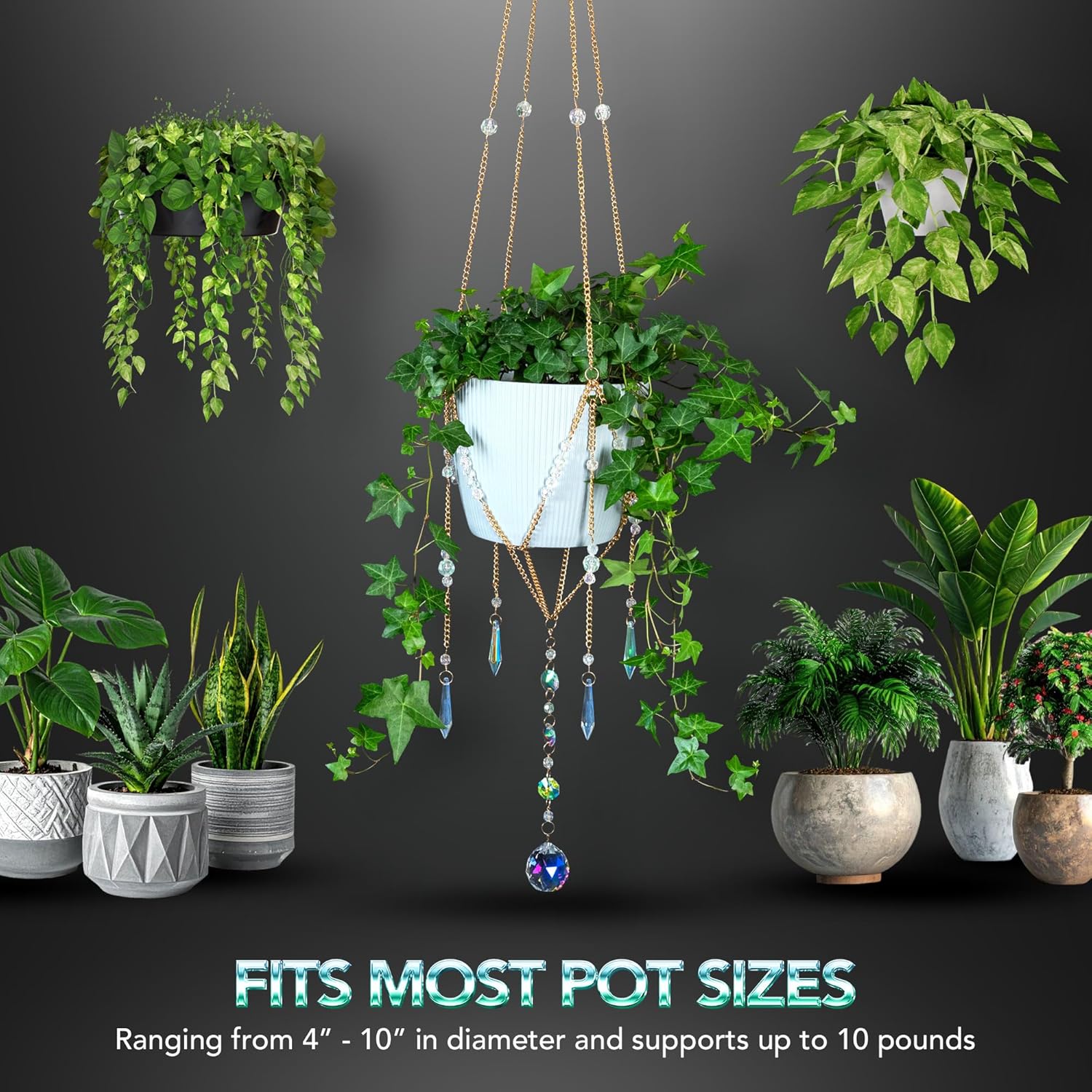 Sun Catcher Plant Hanger with Beads and Glass Crystal Ball Suncatcher. Large Beaded Plant Hanger. Plant Accessories for Indoor Plants. Home Decor for Plant Lovers. (Pots/Plants Not Included)