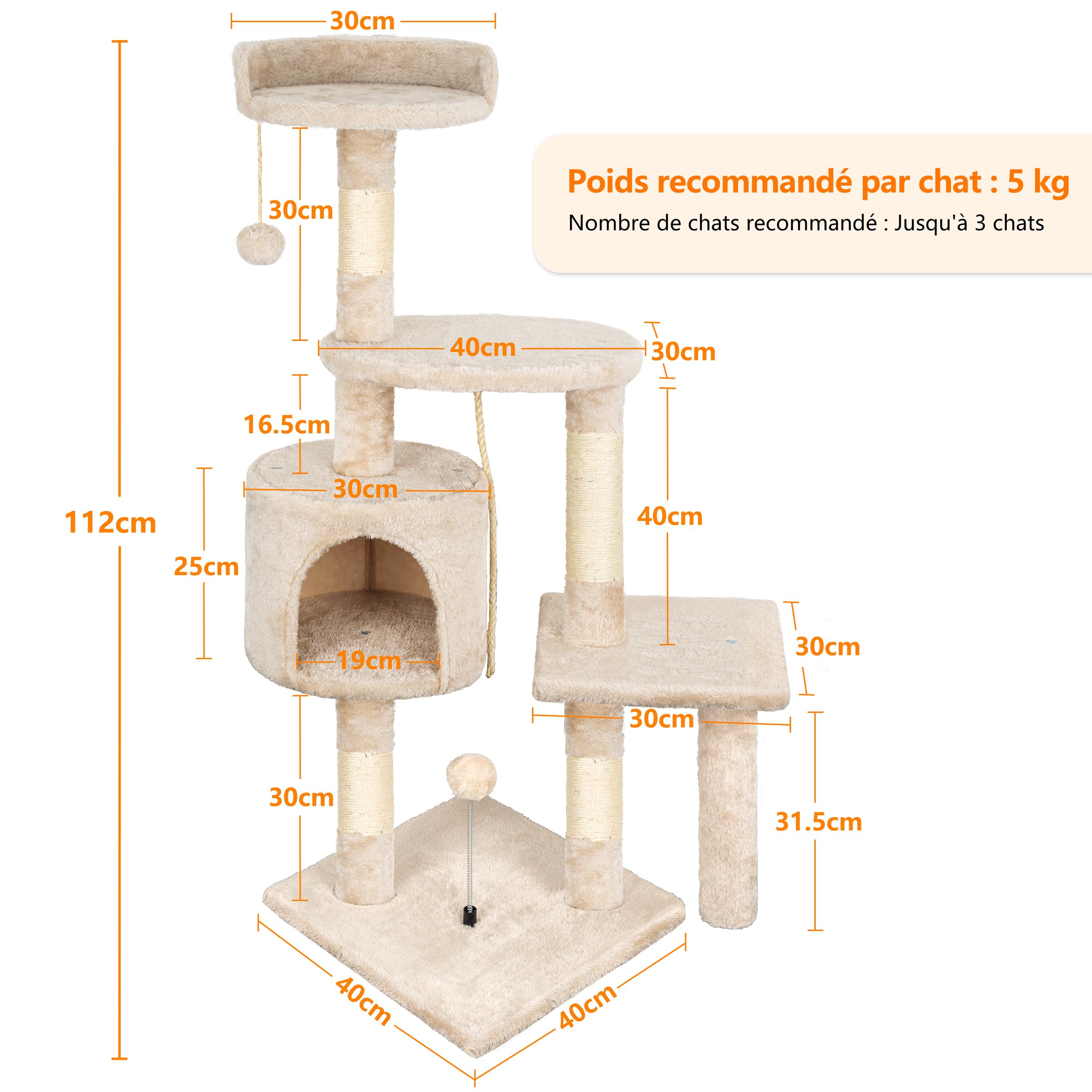 Arbre à Chat,112cm Tour de Jeux Stable pour Chat,Arbre à Grimper Multi-Niveaux avec 4 Poteaux en Sisal, 3 Plateformes, 1 Nid Douillet Chaton-Beige