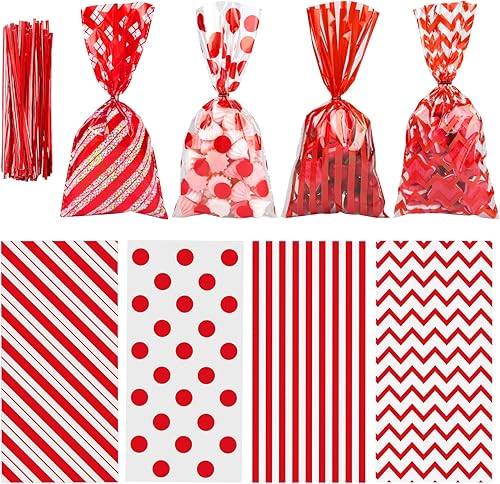 Aneco Paquete de 100 bolsas de celofán rojo, bolsas de plástico para caramelos, bolsas de regalo, bolsas de regalo con lazos giratorios para San