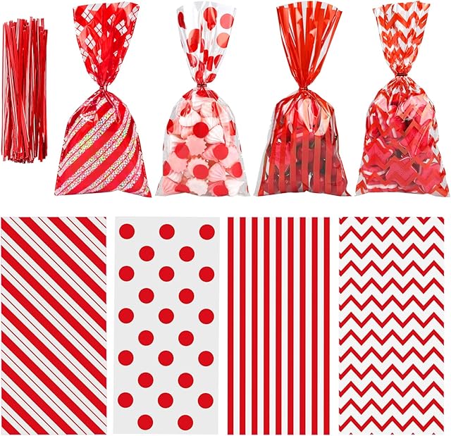 Aneco 100 Pack Red Cellophane Bags Plastic Candy Bags Gift Bags Goodie Bags with Twist Ties for Valentine, Birthday, Gift Cookie Snack Packing Party Favor Supplies