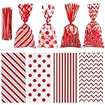 Aneco 100 Pack Red Cellophane Bags 10.6 x 5.1 Inch Plastic Candy Bags Gift Bags Goodie Bags with Twist Ties for Valentine, Birthday, Gift Cookie Snack Packing Party Favor Supplies