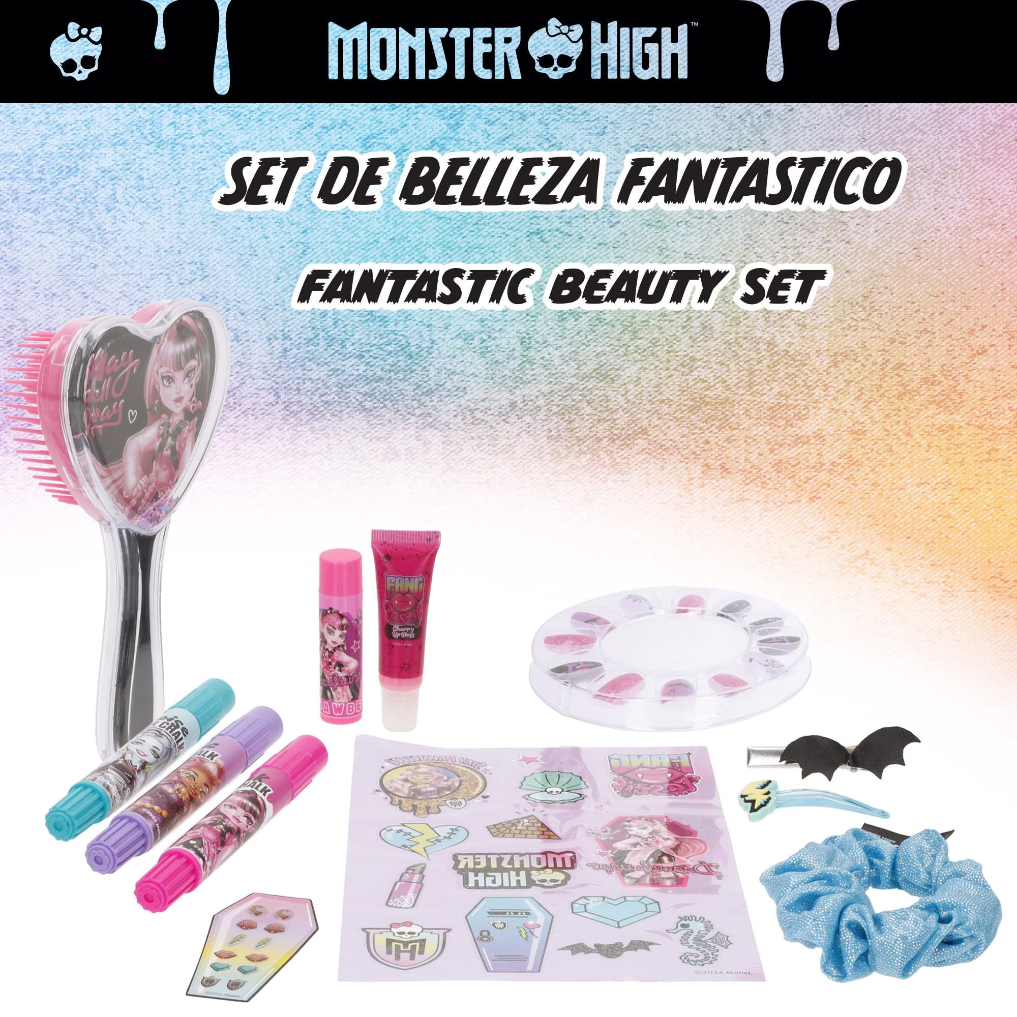 ColorBaby Monster High Beauty Set, Pędzel, Tatuaże, Sztuczne Paznokcie, Spinki do włosów i gumki, Kolorowe kredki do włosów, kolczyki samoprzylepne, błyszczyk i balsam do ust, makijaż dla dzieci, 3