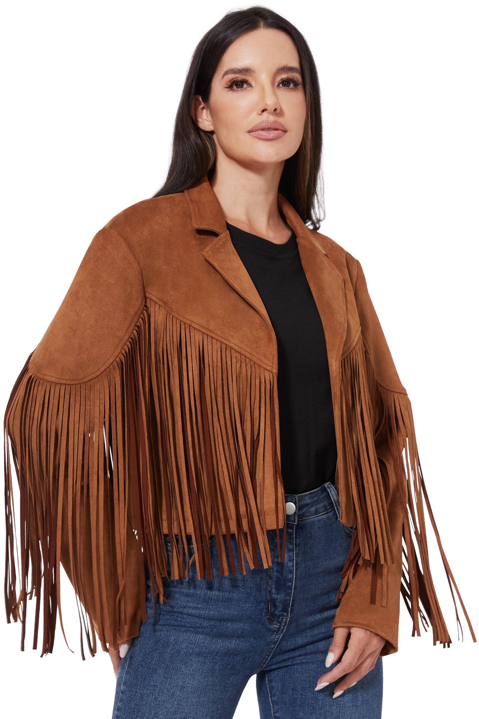 Fahsyee Damen Kunstleder Wildlederimitat Jacke Cowgirl Mantel | Cropped Western Outfit mit fransen Vegan für Country-Konzert