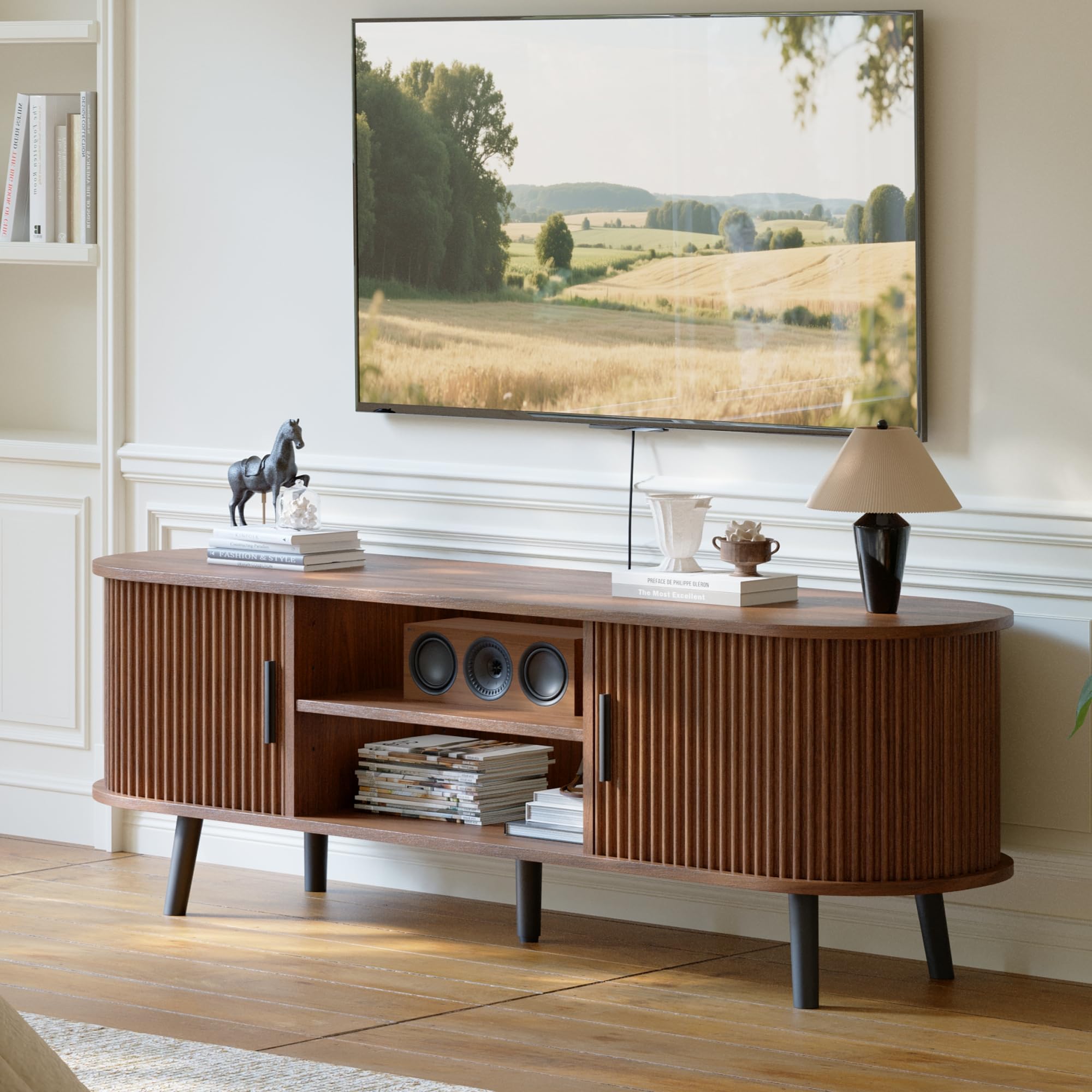 Mid-Century TV Stand with Fluted Sliding Doors, 54 inches