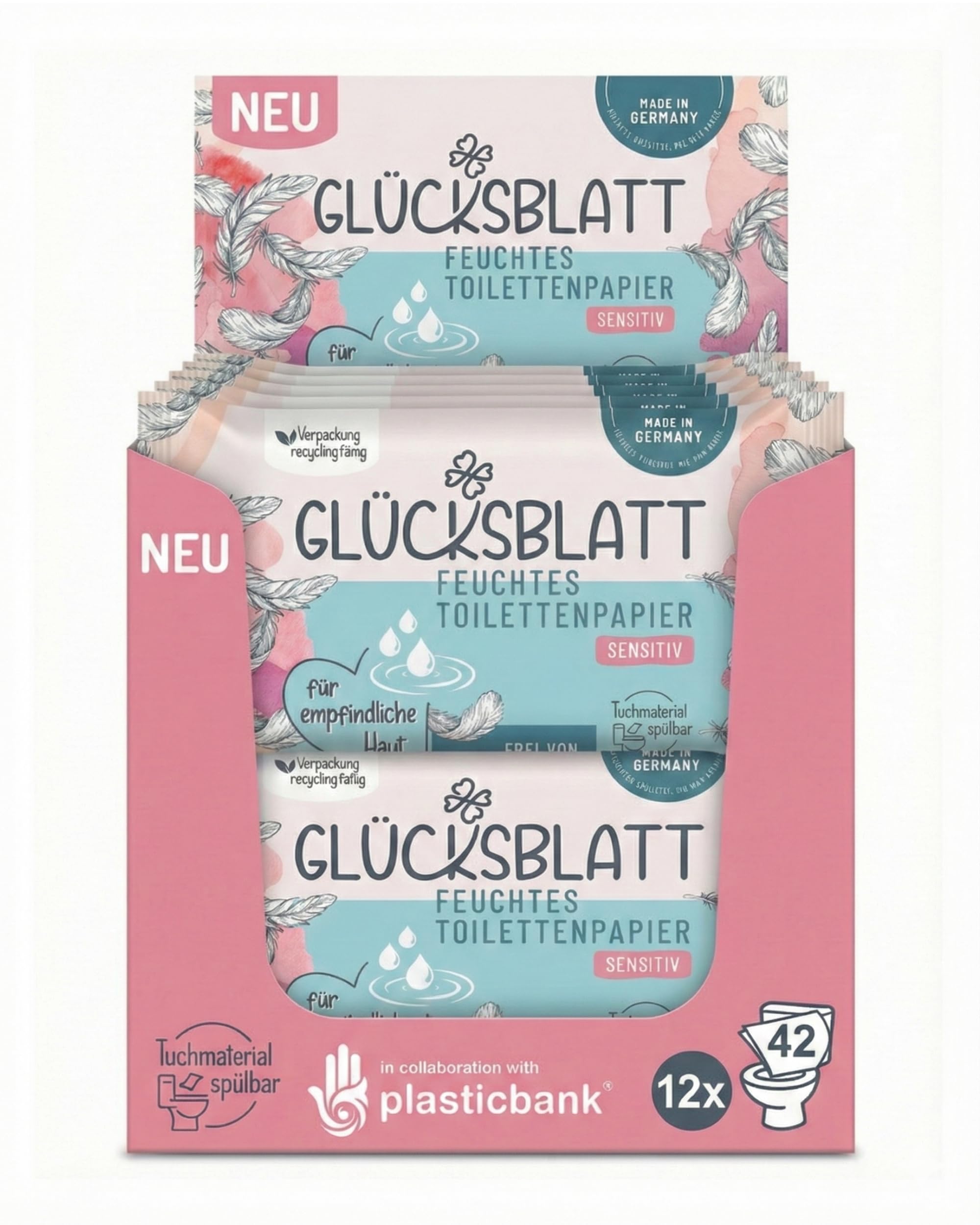 Glücksblatt SENSITIV wilgotny papier toaletowy, 12 opakowań po 42 chusteczki, bez zapachów i barwników, bezzapachowy, testowany dermatologicznie, do skóry wrażliwej, delikatna pielęgnacja