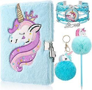 4 Pcs Plush Unicorn Diary Notebook Set Include Plush Unicorn Notebook with Lock and Keys, Fluffy Unicorn Pen Braided Bracelet Unicorn Pom Pom Keychain for Writing Drawing, Unicorn Gifts for Girl Kid
