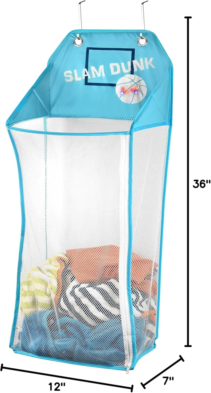 Store & Score Over The Door Hanging Kids Fun LED Basketball Light-Up Collapsible Mesh Laundry Hamper Basket, Toy Chest, Heavy Duty Metal Hooks Included. Patent Pending