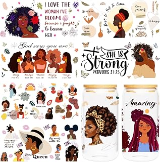 UV DTF Cup Wraps for 16 oz - UV DTF Transfers Stickers for Glass, 8 Sheets Black Girl Inspirational Quotes, Personalized Hairstyle, Motivational Letters, No Heat Needed, Creative Gifts