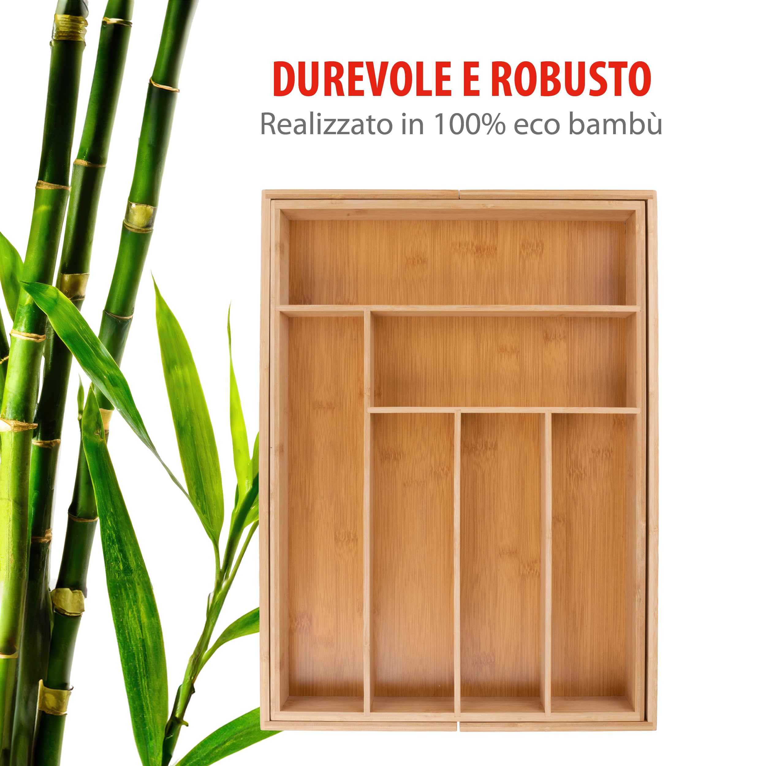 alpina Portaposate da Cassetto - Organizer Casetti Cucina Estensibile 46 x 34-56,5 x 6 cm - Organizzatore Cassetti con 6 a 8 Scomparti - Per Utensili da Cucina, Occhiali da Sole e Altro - Bambù