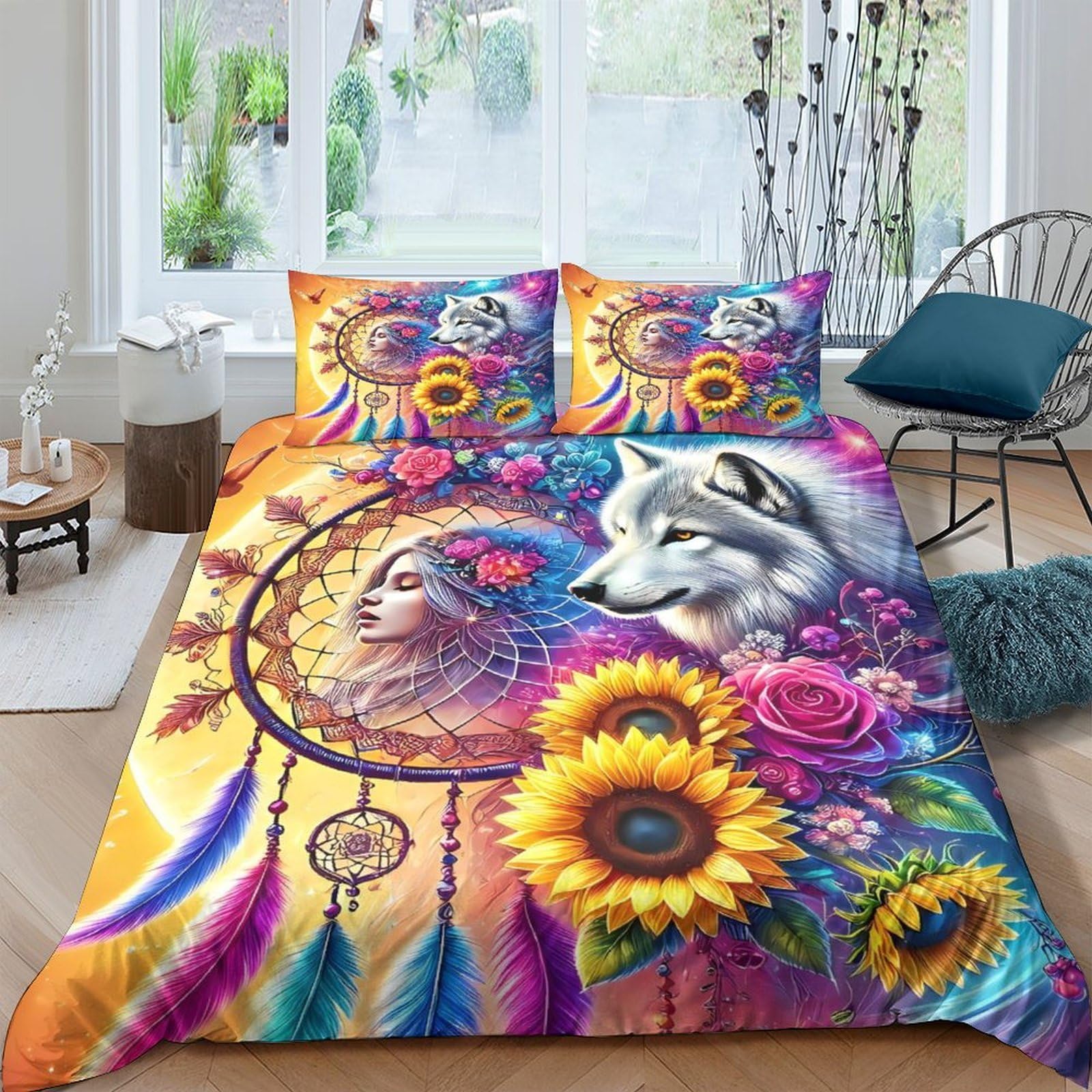 Ctjqhvkz Style-6 3D Printed Dreamcatcher Wolf Fitted Sheet Microfiber Sunflower Feather Mattress Cover For Bedroom Dorm Decor Single（135X200cm）