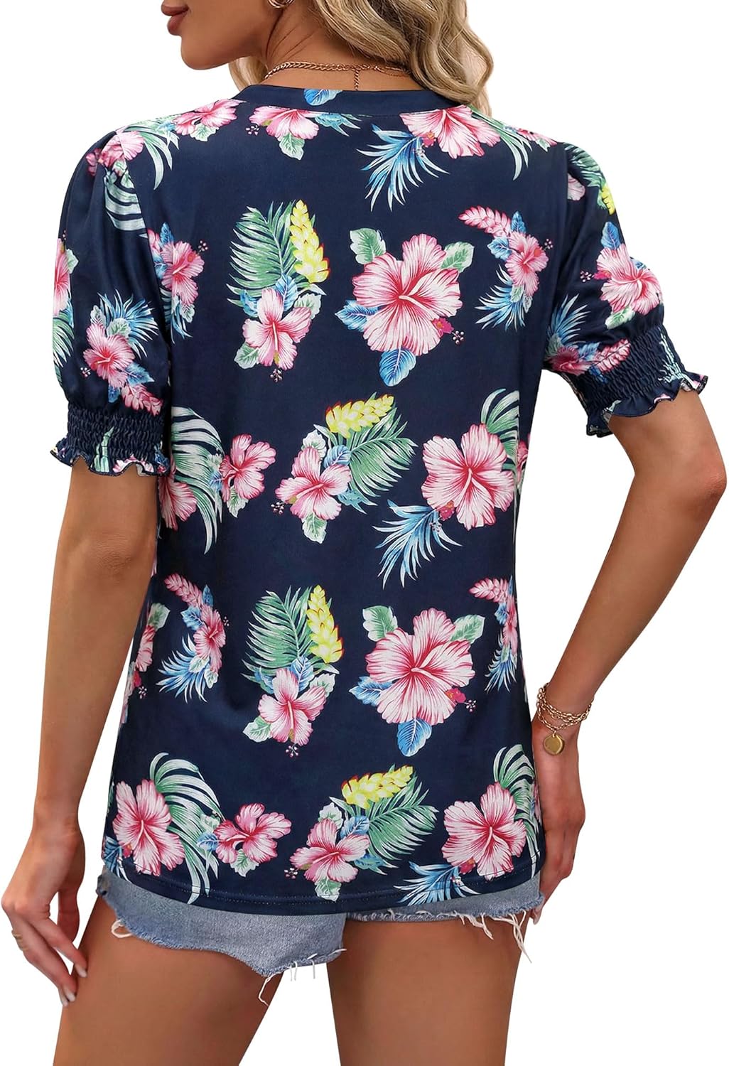 ZXZY Women Ruffle Short Sleeve Pleated V Neck Floral Print Hawaiian Shirts Blouse Tops - Image 5