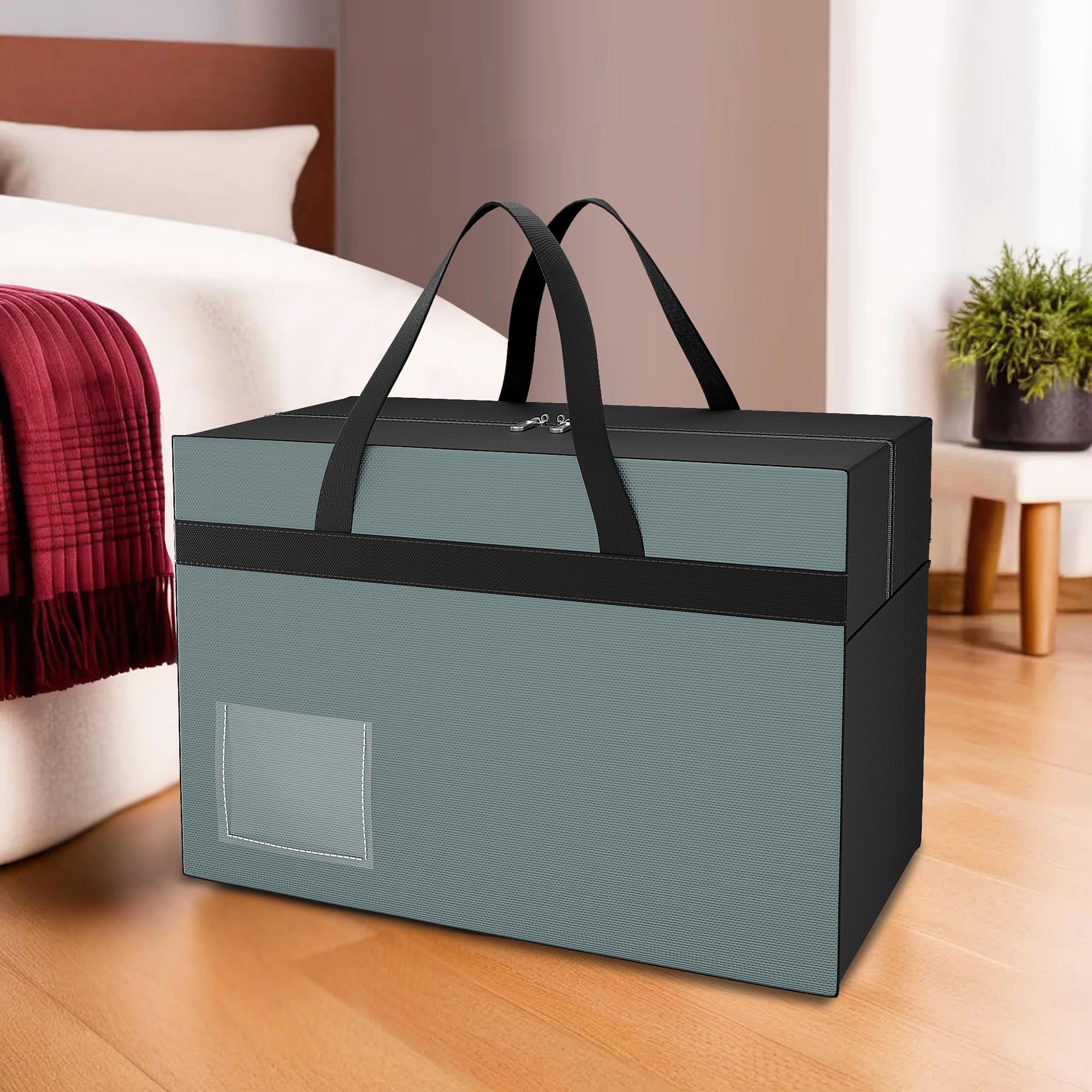 Kuber Industries Storage Bag | Clothes Organiser for Wardrobe | Foldable Underbed Storage Bag | Transparent Name Pocket | Waterproof Clothing-Bedding Bag | Black Patti | Grey