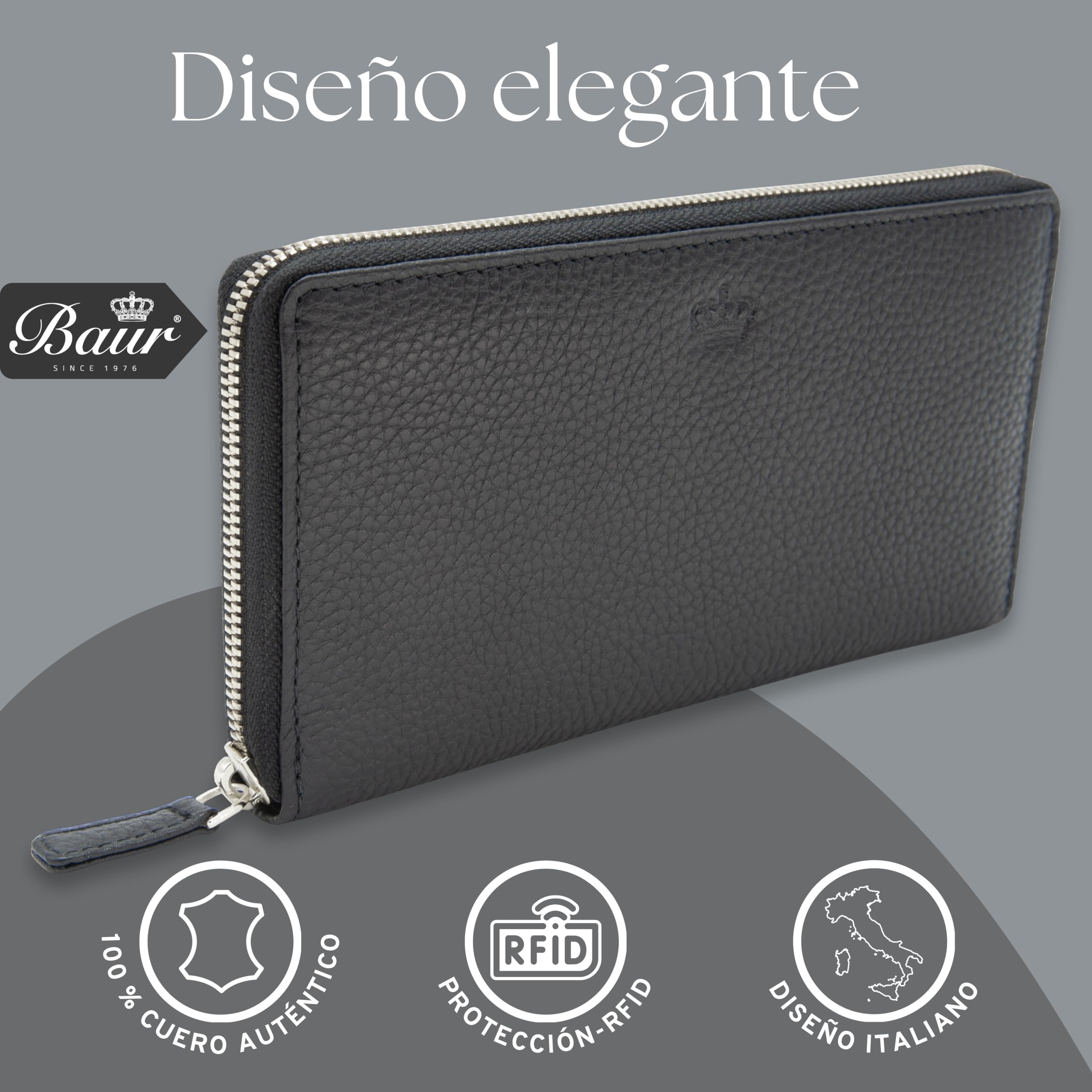 Baur - Cartera de piel auténtica para mujer | Cartera con protección RFID | Cartera grande con muchos compartimentos para tarjetas | Cremallera completa | Monedero para mujer, Negro , 19,7 x 10 x 2,5