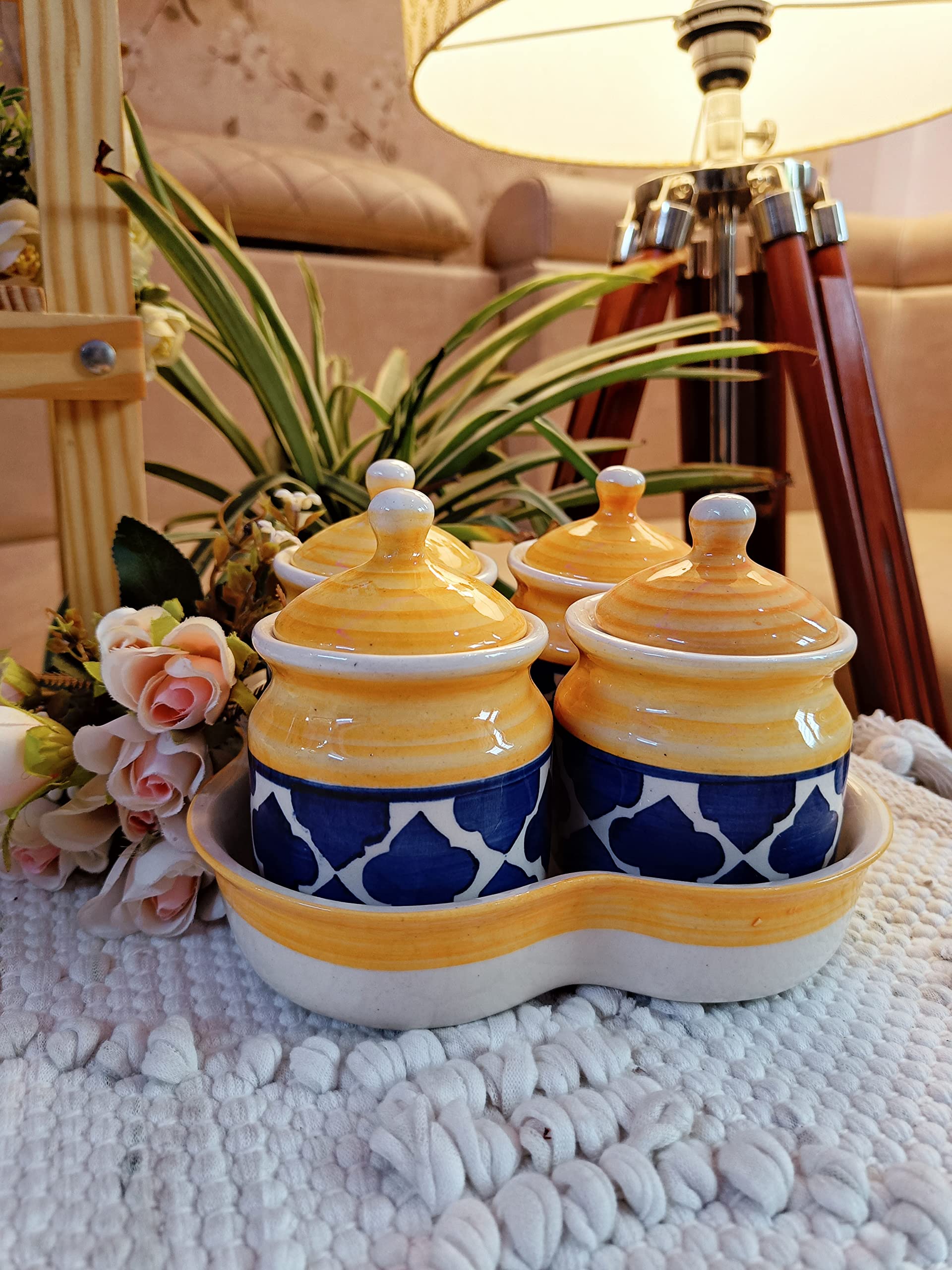 Niyara Multipurpose Storage Ceramic Pickle set Jars with Lid & tray (Set of 4, 300 ml) (Blue Yellow Moroccan) (B0B31LFRQG) Amazon Price History, Amazon Price Tracker
