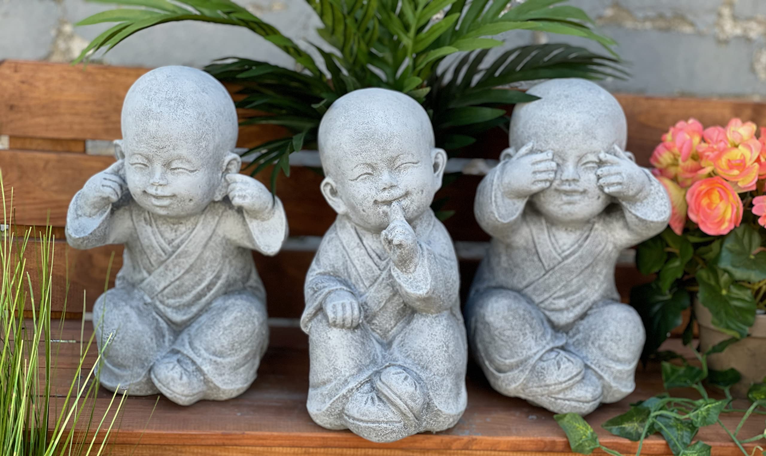 Stone and Style Statuettes en pierre, 3 grands moines Bouddha Shaolin, hauteur : 26 cm, ne rien voir, entendre ni dire