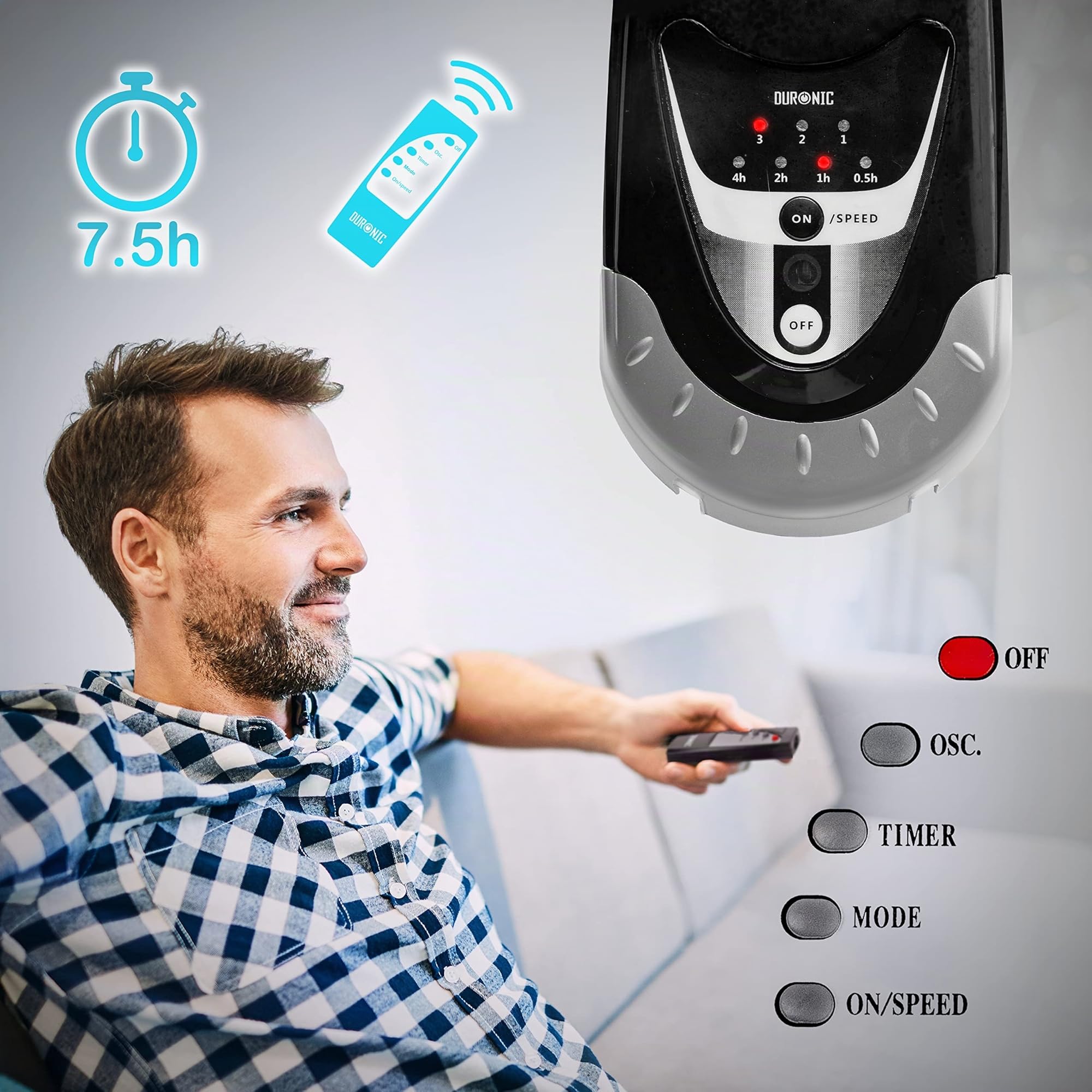 Duronic FN55 BK Ventilador de Pared Oscilante 60 W con Mando a distancia Temporizador y 3 velocidades | Potente con 5 Aspas y Hélice de 40 cm | Cabezal Ajustable e Inclinable | Instalación sencilla