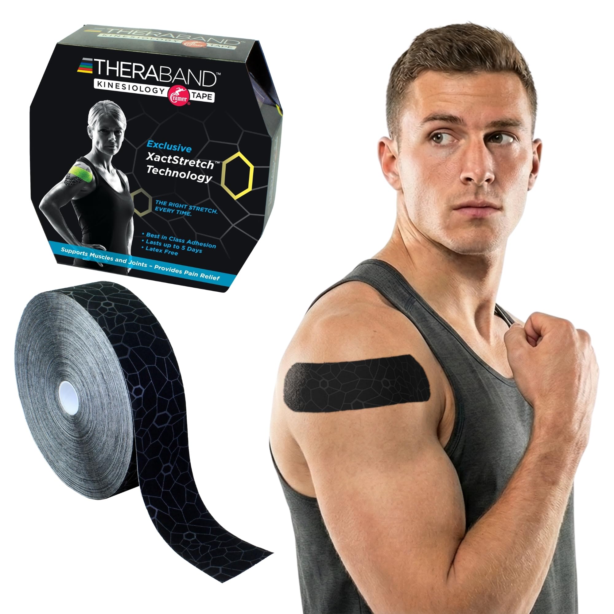 Theraband Kinesiologie-Tape, wasserdichtes Physio-Tape zur Schmerzlinderung, Muskel- und Gelenkunterstützung, Standard-Rolle mit XactStretch Applikationsanzeigen, 5,1 cm x 30,3 m, Schwarz/Grau