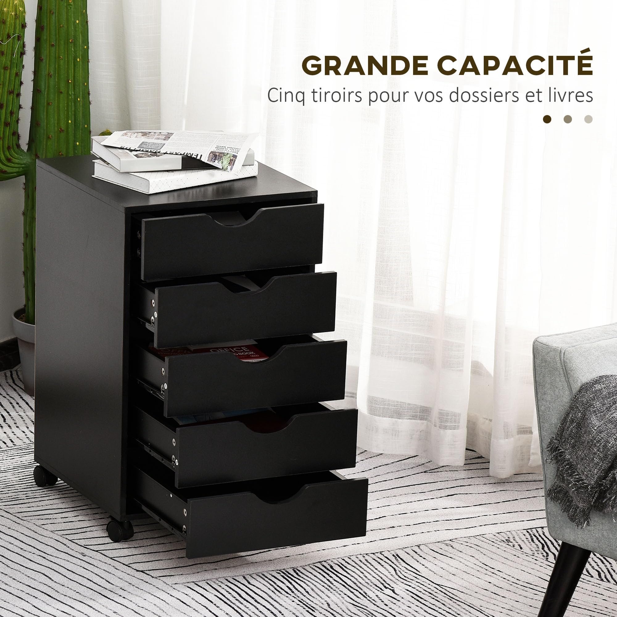 HOMCOM Caisson bureau mobile avec 5 tiroirs, meuble rangement bureau sur roulettes pour documents et imprimante, caisson de rangement compact pour travail ou chambre, 40 x 40 x 67 cm, noir
