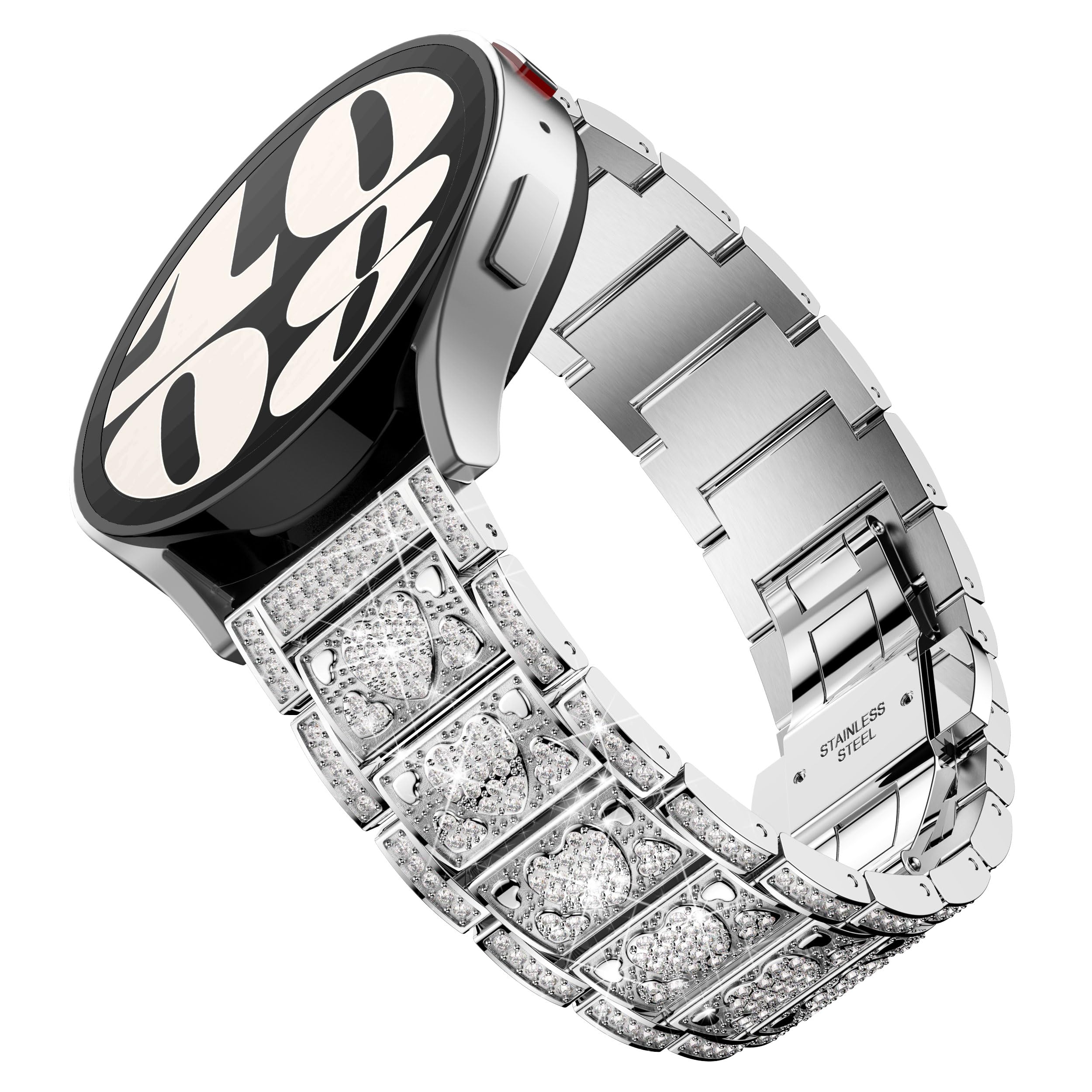 BAIHUIAM 20mm Band Compatible with Galaxy Watch 6/5/4 Band 44mm 40mm Women Bling Diamond Stainless Steel Band for Galaxy Watch 6 Classic 47mm 43mm/4