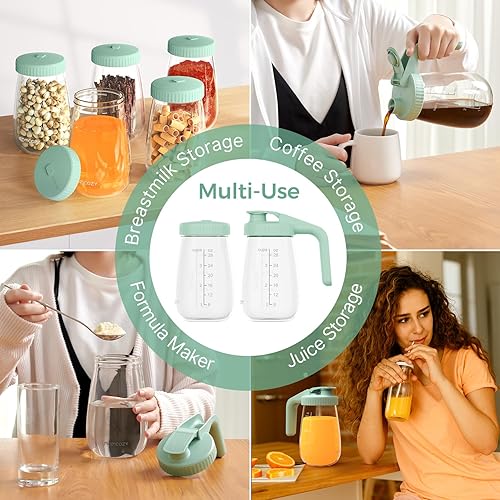 Miniatura 5 de Momcozy Jarra de vidrio para leche materna, recipiente de almacenamiento de leche con tapa plana y tapa con asa, boca ancha resistente a fugas,