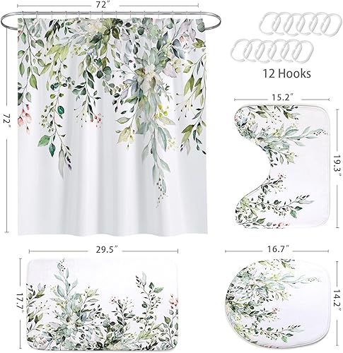 Miniatura 7 de MitoVilla Juego de 4 piezas de baño de eucalipto verde salvia con cortina de ducha y alfombras, juego de cortinas de ducha con hojas de plantas con