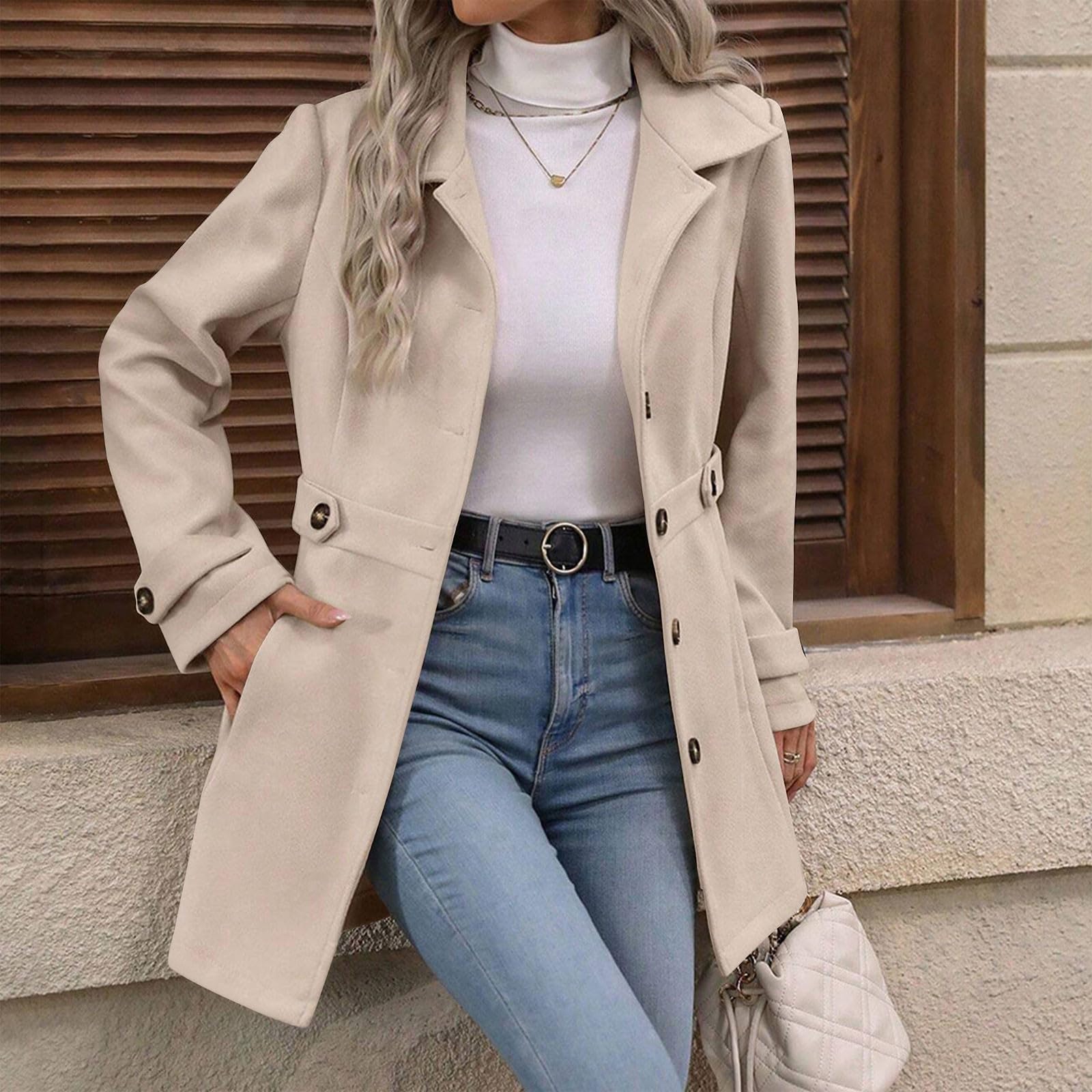 Mantel Damen Lang Trenchcoat Elegant Wollmantel Einfarbig Wintermantel mit Knöpfen Revers Windjacke Outdoor Warm Strickjacke Herbstmantel Winter Windjacke Dicke Übergangsjacke Winterjacke