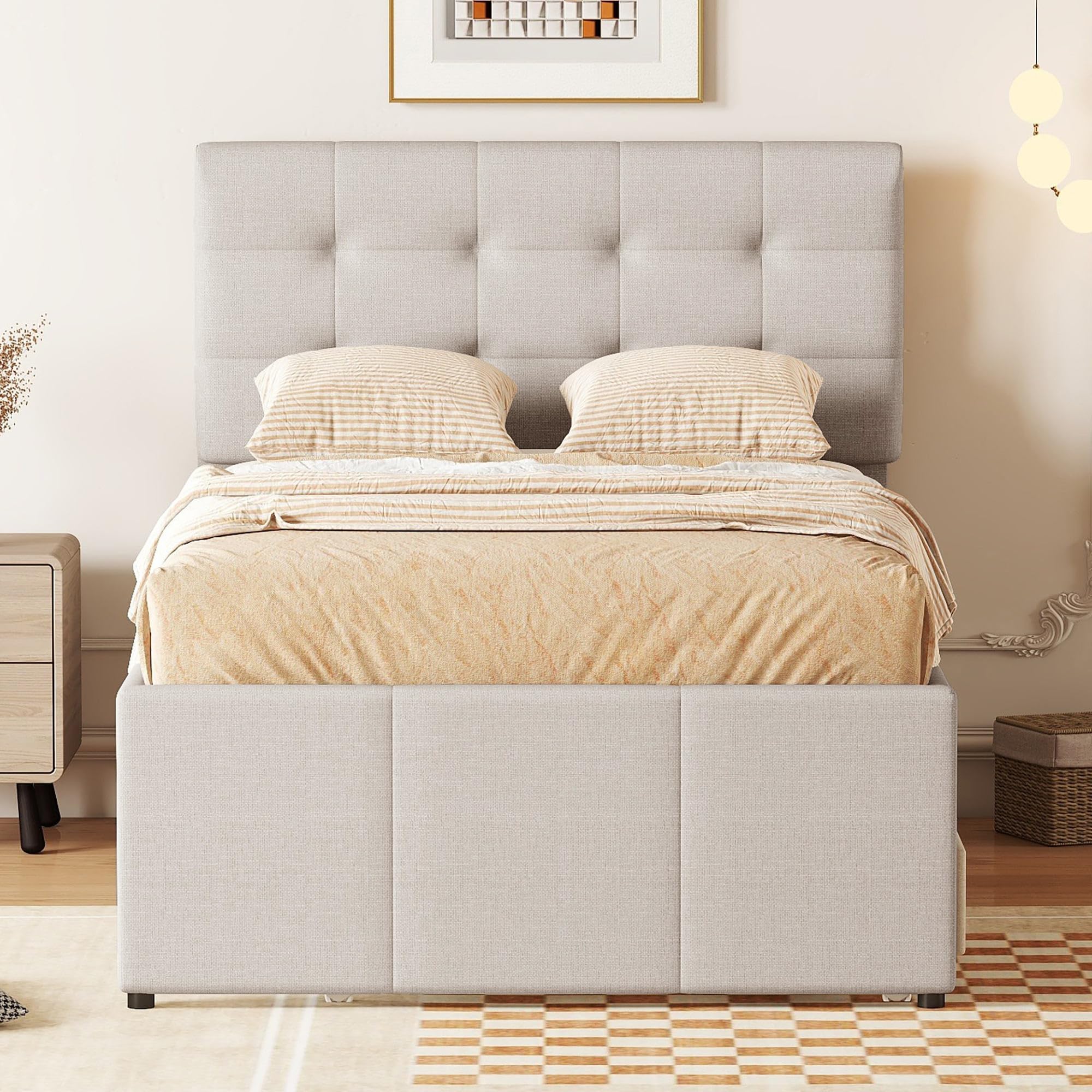 YCYDHDM Gestoffeerd bed 90 x 200 cm met uittrekbaar bed en 3 laden, eenpersoonsbed kinderbed met verstelbaar hoofdeinde en lattenbodem, bedframe van dennenhout, linnen, zonder matras, grijs