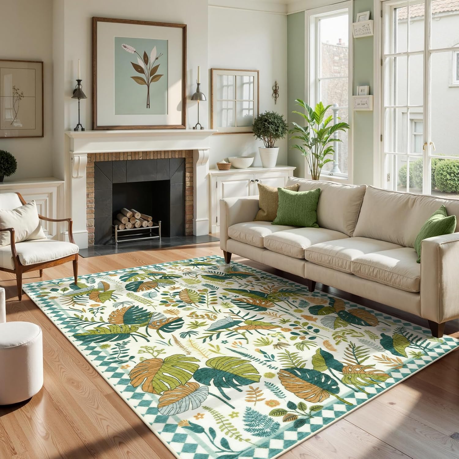 Anidaroel Green Botanical Area Rugs 5x7, Washable Leaf Rugs for Living Room, Non-Slip Soft Rug for Bedroom Aesthetic, Stain Resistant Dining Room Mat Accent Floor Carpet for Farmhouse Green 5'x7'