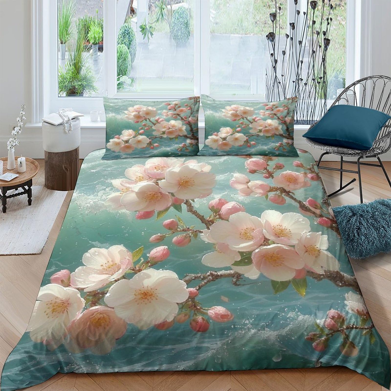 Housse de couette 220 x 240 et taies d'oreiller, parure de lit 3 pièces motif végétal facile d'entretien