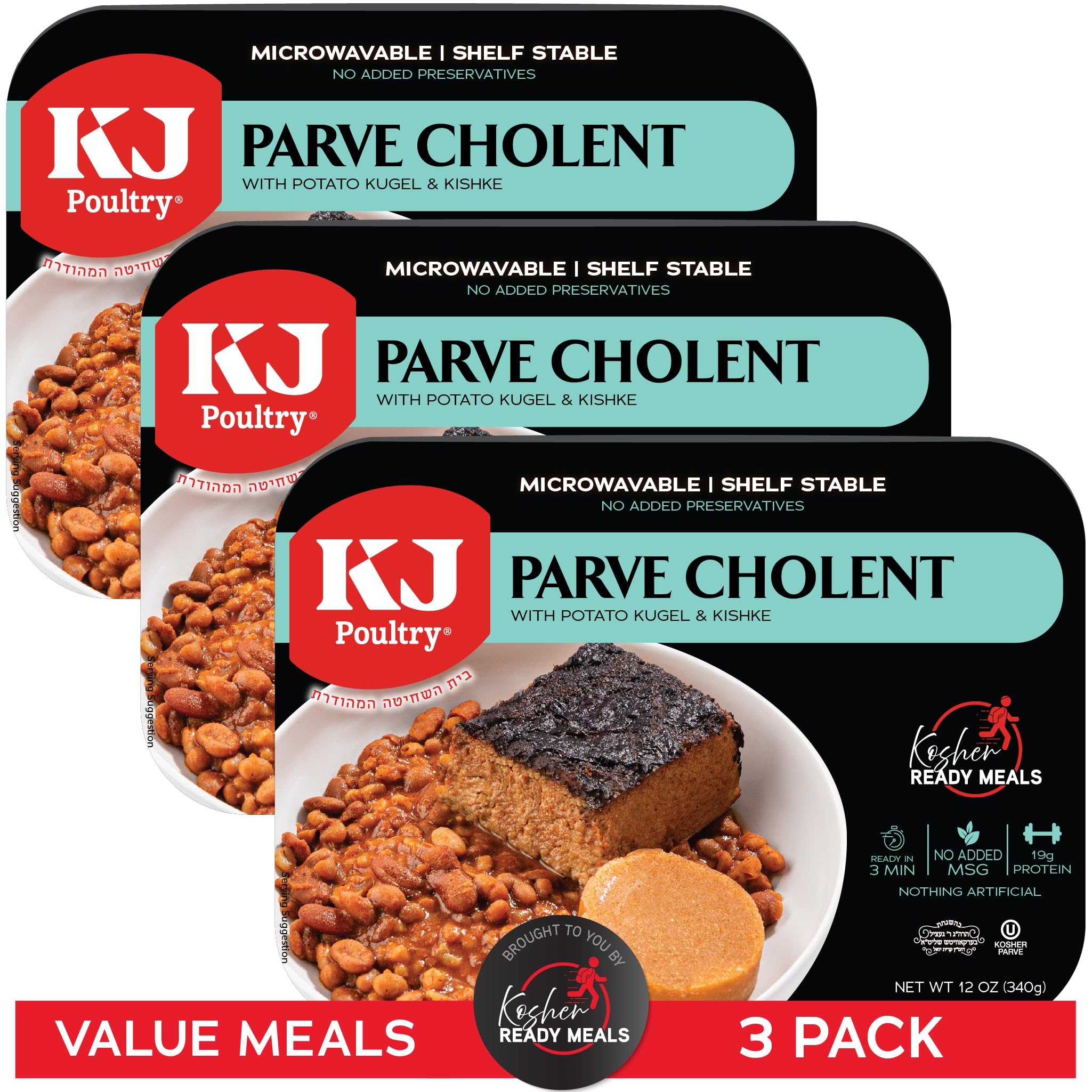 KJ Poultry Kosher Parve Ready Meals - Cholent MRE Meals Ready to Eat, Halal, (3 Pack) Prepared Entree Fully Cooked, Shelf Stable Microwave Dinner