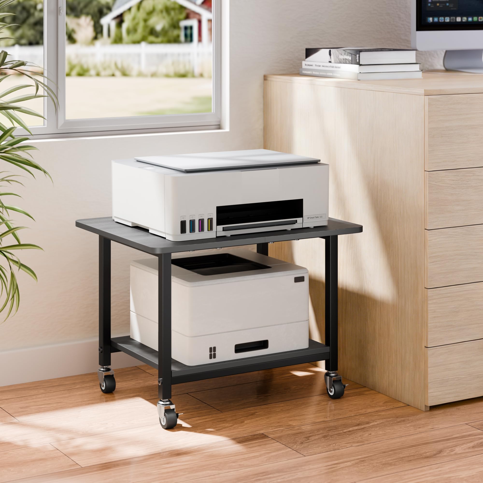 niffgaff Soporte para impresora con ruedas bloqueables, carrito de impresora rodante de 2 niveles con estante de almacenamiento, mesa compacta de madera y metal para oficina en casa, negro, 20.1 x