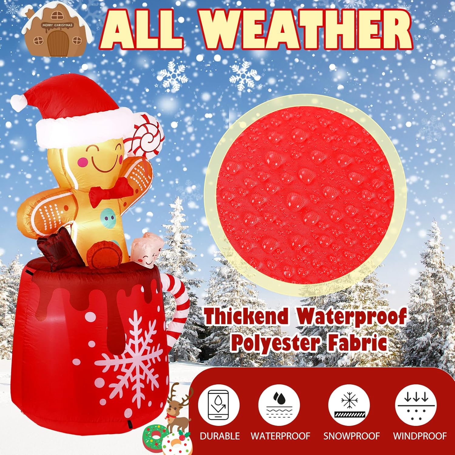 Crowye 6 FT Christmas Inflatables Gingerbread Inflatable Christmas Outdoor Decorations Cute Blow up Gingerbread Man in Hot Cocoa Mug with LED Light for Yard Garden Lawn Xmas Holiday Party Decor - Image 2