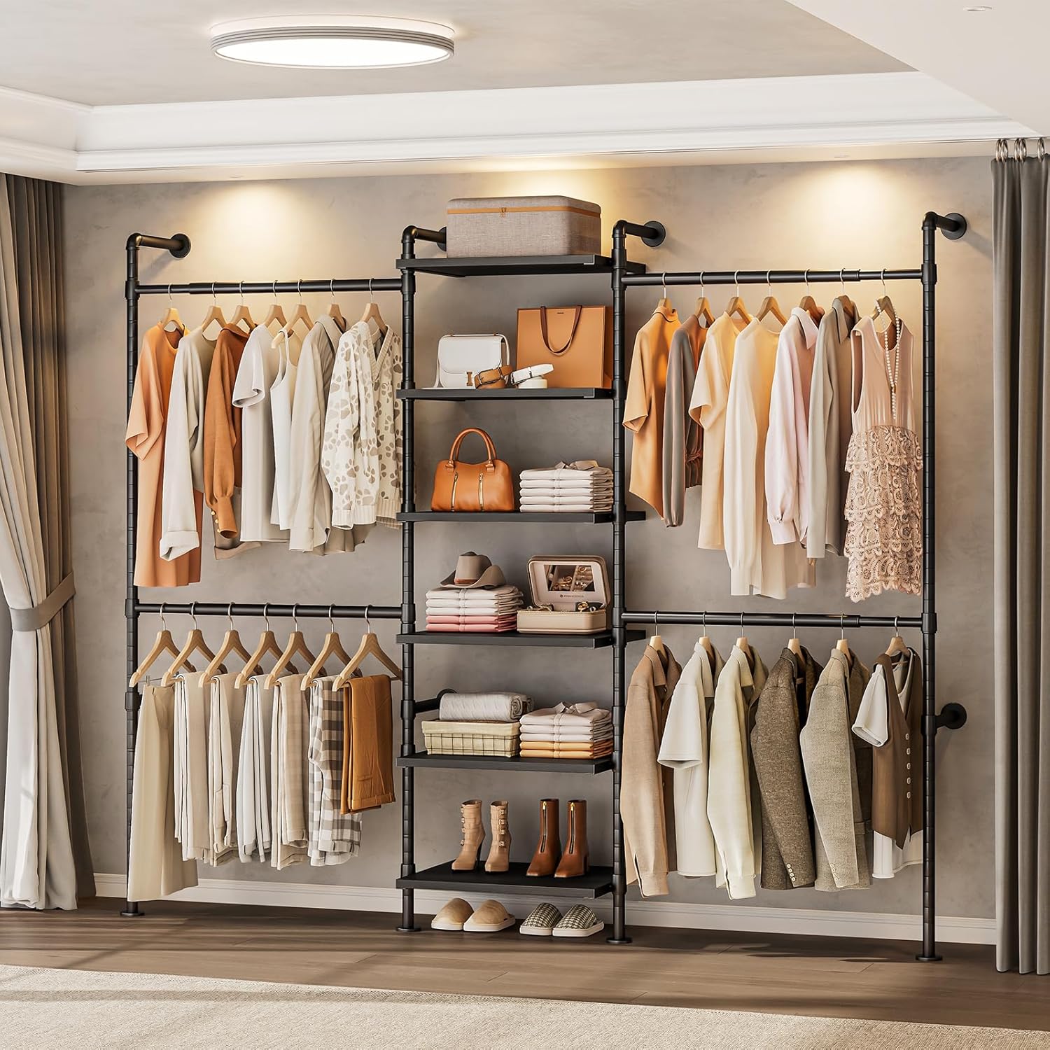 T1 Wall Mounted Closet System, Industrial Pipe Clothing Rack with 6 Wooden Shelves & 4 Telescopic Rods, Heavy Duty Closet Organizers and Storage in Wardrobe Closet (Black)