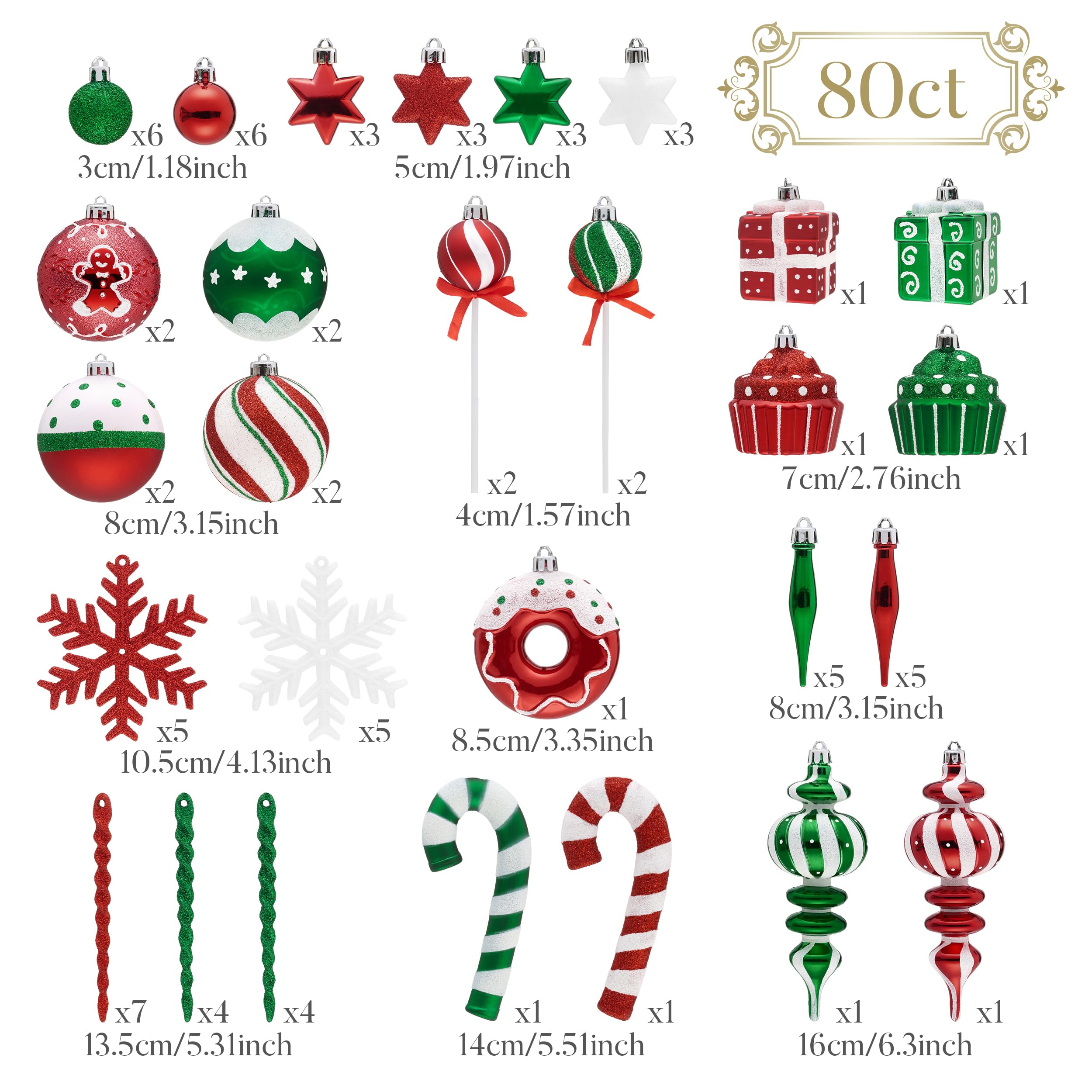 Valery Madelyn Lot de 80 Boules de décoration de Noël incassables à Suspendre pour Sapin de Noël en Forme de Sucre d'orge de Noël, Rouge, Vert, Blanc