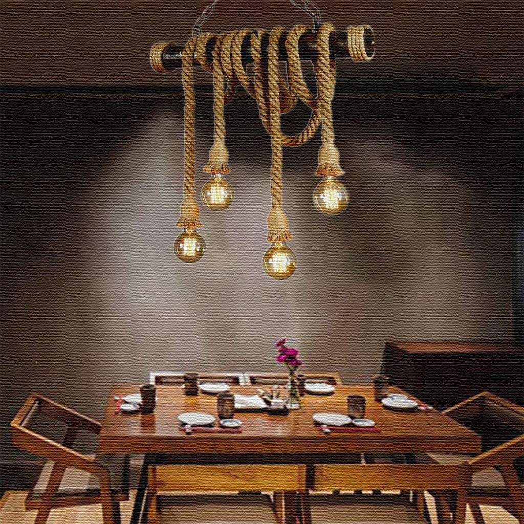 Lampa wisząca w stylu vintage z liny konopnej w stylu industrialnym, okrągły żyrandol bambusowy, z regulacją wysokości, E27 x 4, kreatywny ręcznie tkany sznurek do salonu, garażu, kawiarni, baru, na korytarz, antyczną lampę wiszącą