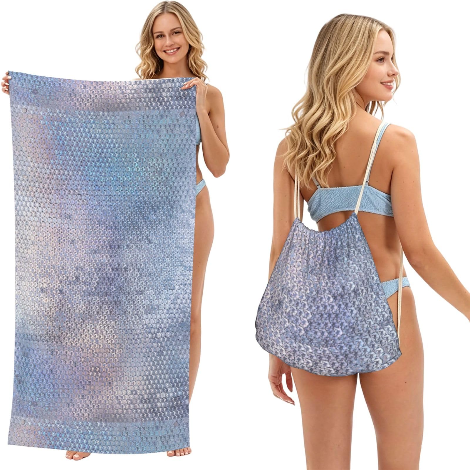 Poadnly Glitter Sparkles Shimmer Printing, 2 in 1 Packable Towel Bag, Beach Towels with Drawstring Backpack for Travel Holiday Camping