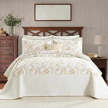 Finlonte Oversized Queen Bedspread 120"x102" - 100% Cotton Vine Embroidery Quilted Bedspread, Off-WhiteIvory Bedspread Coverlet Golden Vine, Lightweight Extra Large Queen Quilt Set with 2 Pillowsham