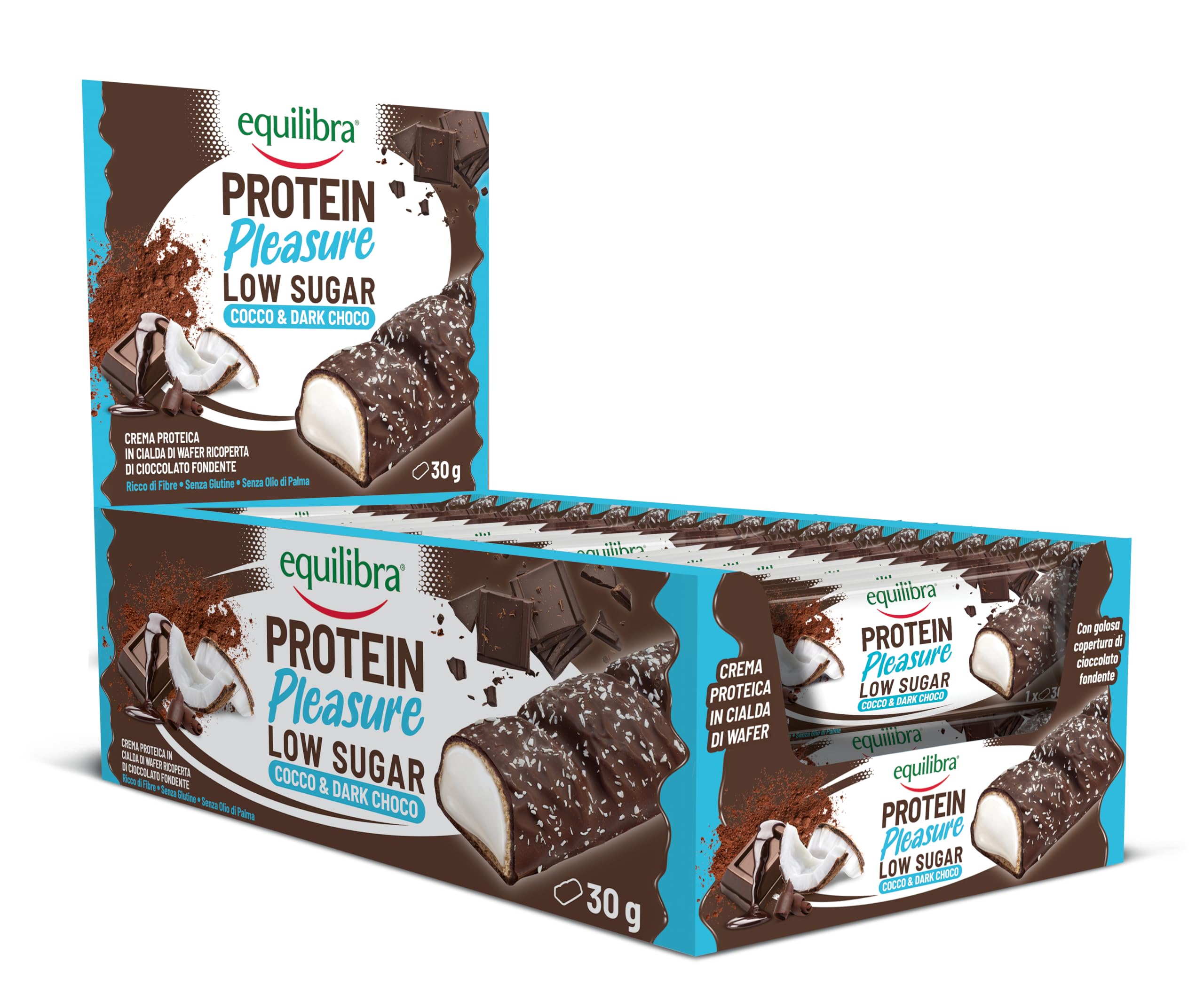 Equilibra Barrette Proteiche, Protein Pleasure Cocco & Dark Choco, Barretta Proteica Ricoperta di Cioccolato, Low Sugar, High Protein, Senza Glutine, Senza Olio di Palma, 20 Barrette da 30 g