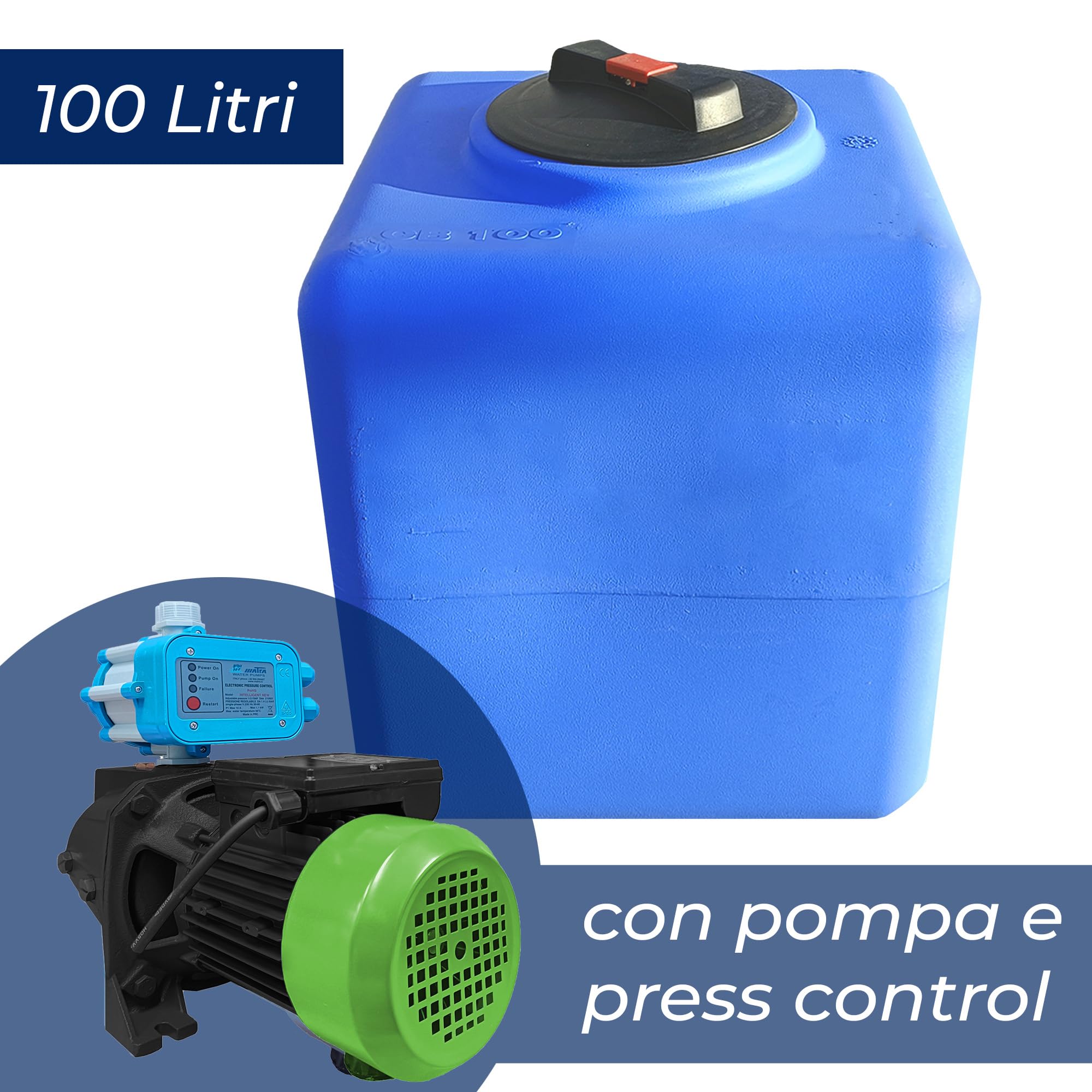 ESTO Depósito de agua potable cuadrado de 100 l, 200 l, 300 l, rectangular, de polietileno para recogida de agua, depósito exterior azul, para uso fuera del suelo, 100 l/bomba + control de presión