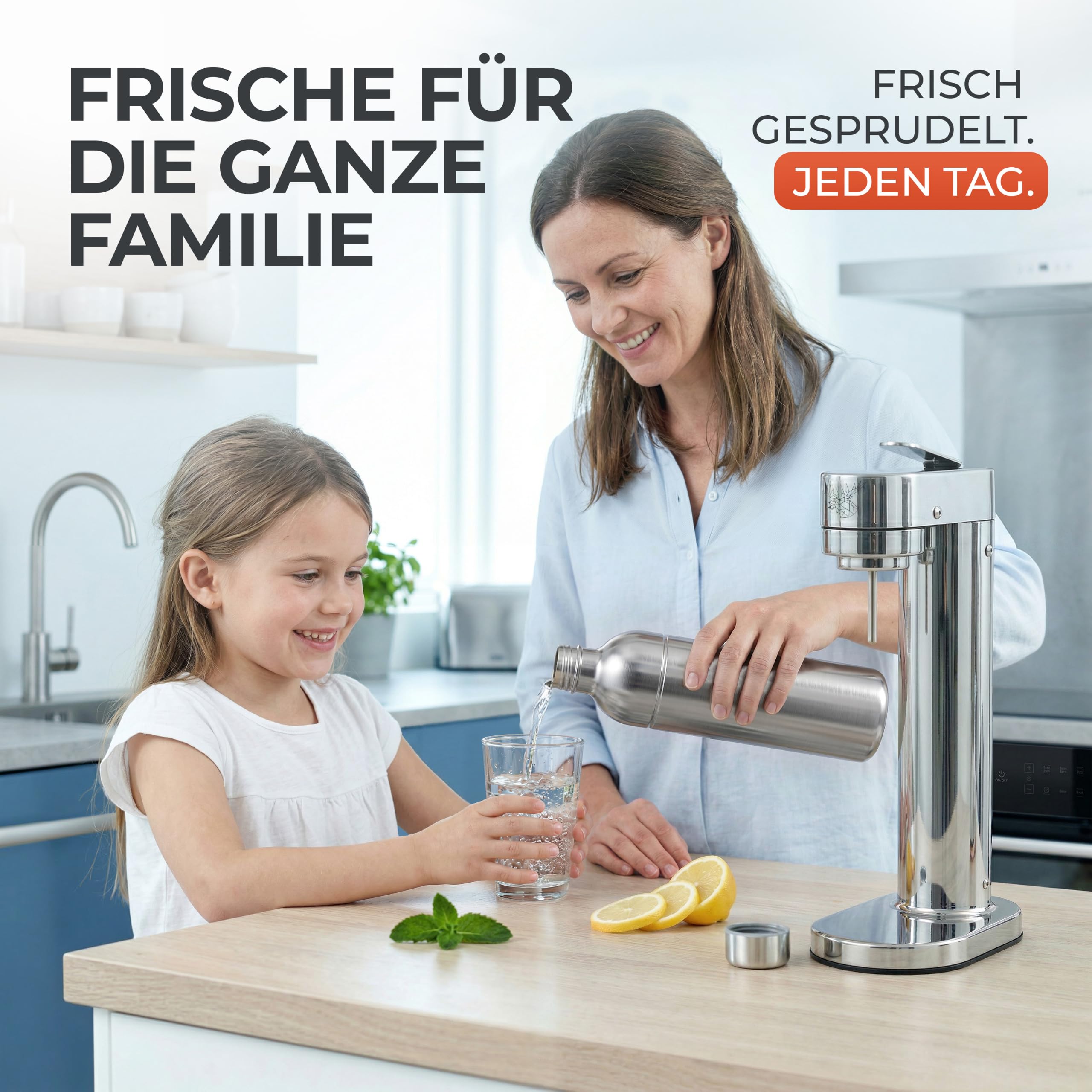 Luckymoose Infinity-S Wassersprudler aus hochwertigem Edelstahl (Silver/Silver) – inkl. 2x 1,25L Edelstahlflaschen – extra hygienische herausnehmbare Düse – Langlebige CO₂ Sprudelwasser Maschine