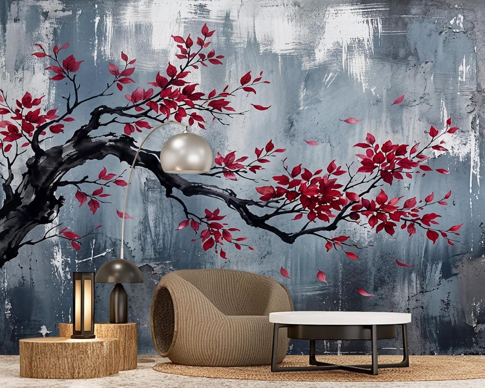 Asian-inspired photo wallpaper with red leaves, concrete look, blue and grey, abstract, modern design. Suitable for living rooms, bedrooms, and children's rooms. 430cm x 300cm. Stickers - Frameless Pa