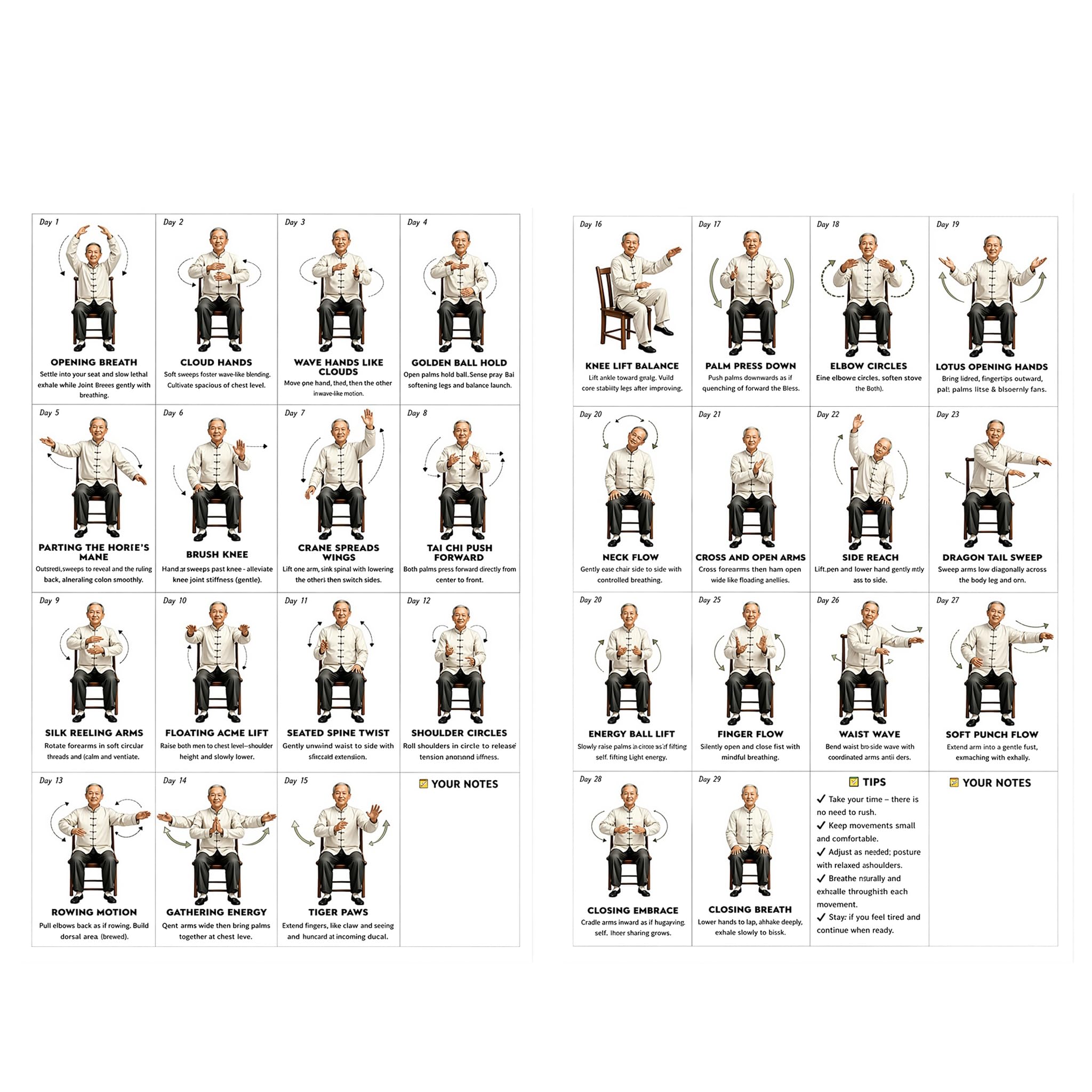 MIGIFTDY 2 Pcs Chair Tai Chi Exercise Chart, Chair Tai Chi Exercise Guide, Tai Chi for Seniors, Wall Art Decor for Home Gym, Beginner Seated Tai Chi Chart